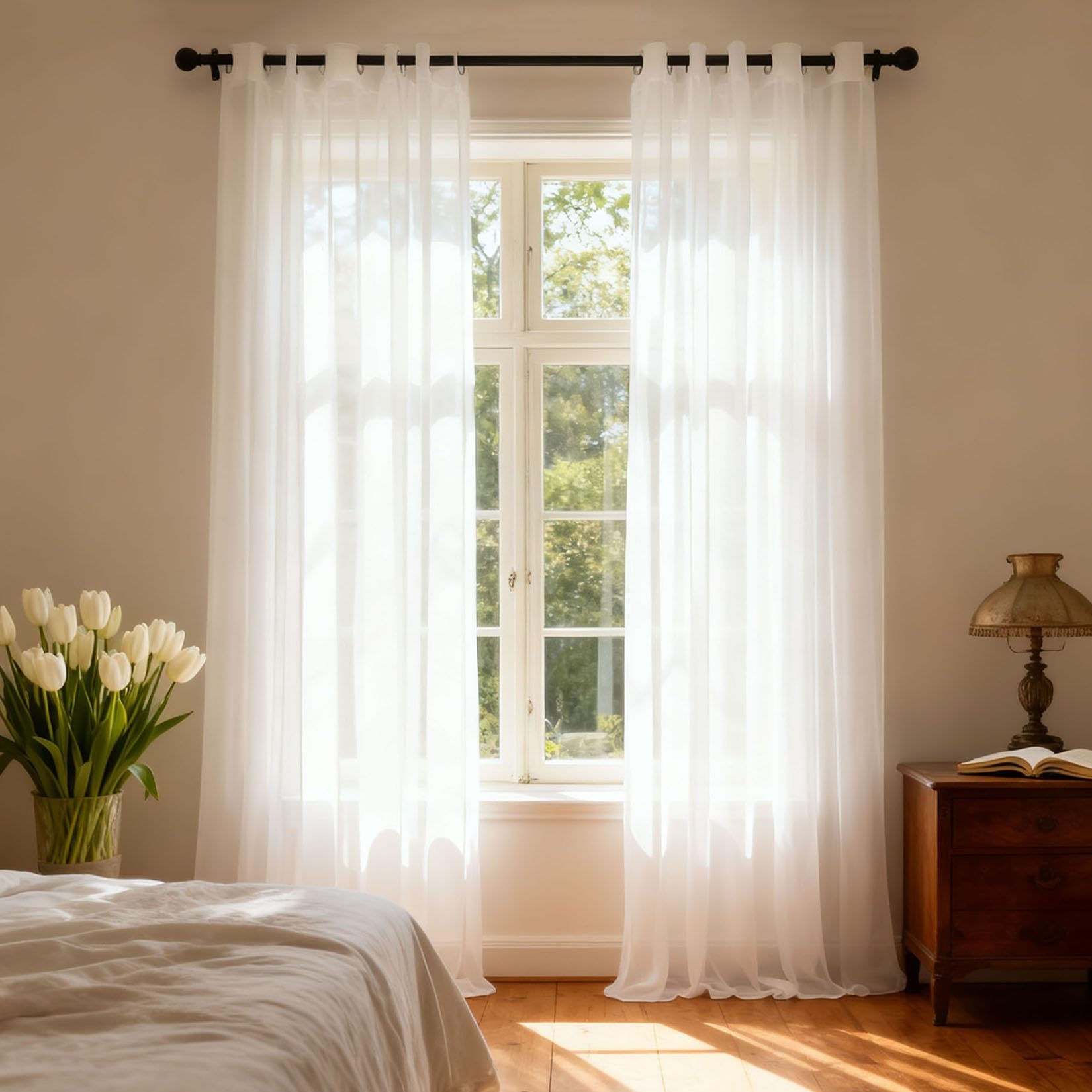 Rideau voilage 265 x 270 cm semi-transparent blanc en tulle pour chambre et bureau