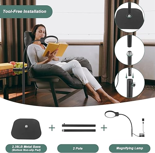 Miniatura 6 de Lupa de 10 x 30 veces con luz y soporte, lupa de piso grande para trabajo cercano, 5 modos de color, lámpara de aumento manos libres para leer,