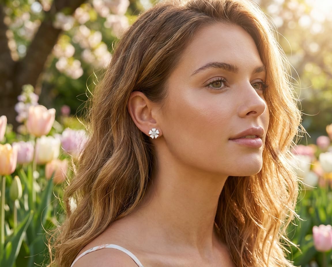 Bling Jewelry Romantic Cat Eye Gemstone Button-Style Heart-Shaped Petals Flower Stud Earrings with Omega Clip for Women Yellow Gold Plated