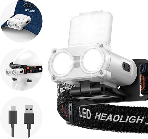 Miniatura 8 de Smiling Shark Luz LED con clip, faro USB recargable impermeable con 2 tipos de luz blanca y roja compacta y portátil con sensor de movimiento para