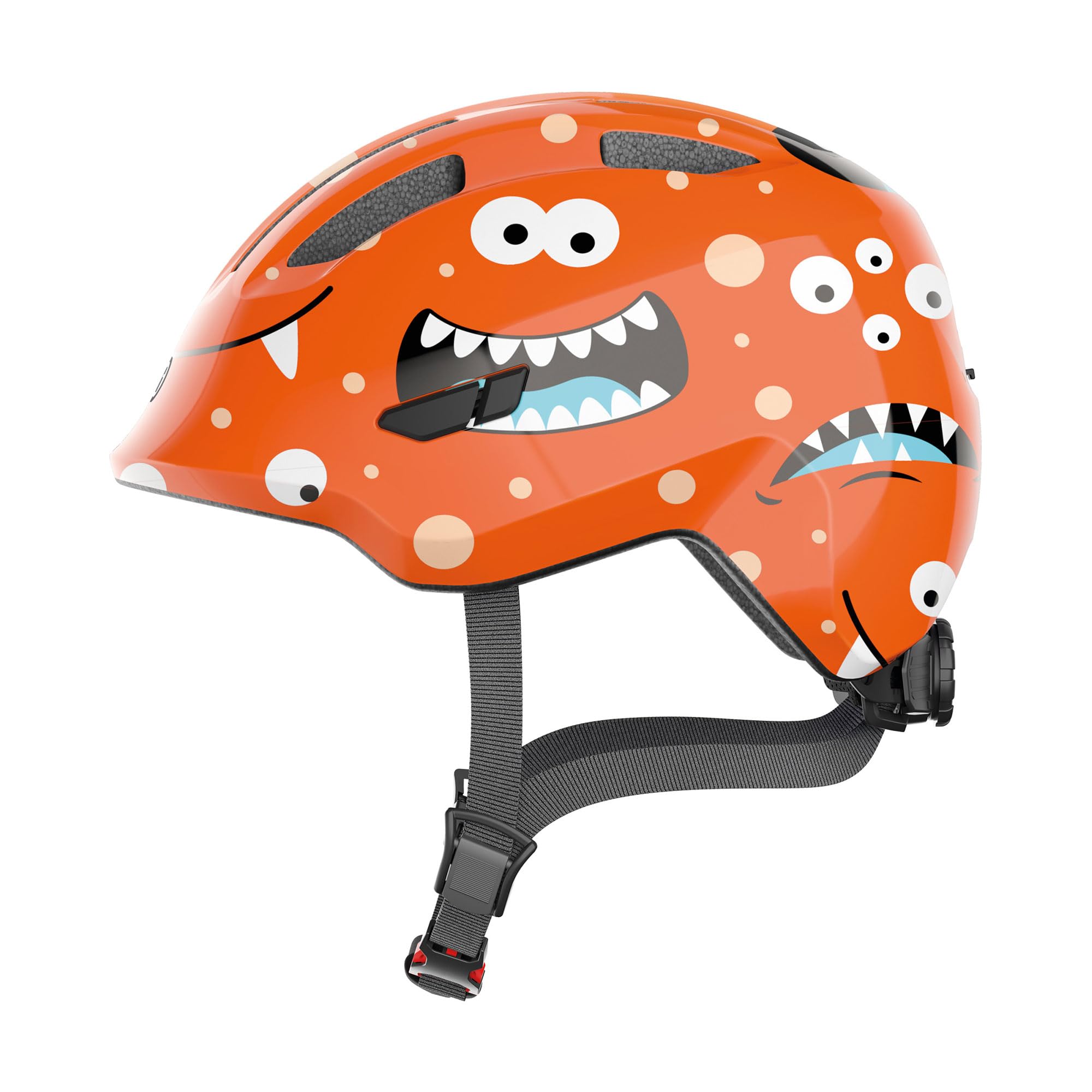 ABUS Smiley 3.0 Children's Helmet - Bicycle Helmet with Deep Fit, Child-Friendly Designs & Space for a Braid - for Girls and Boys - Orange with Monster Pattern, Size M-image-16