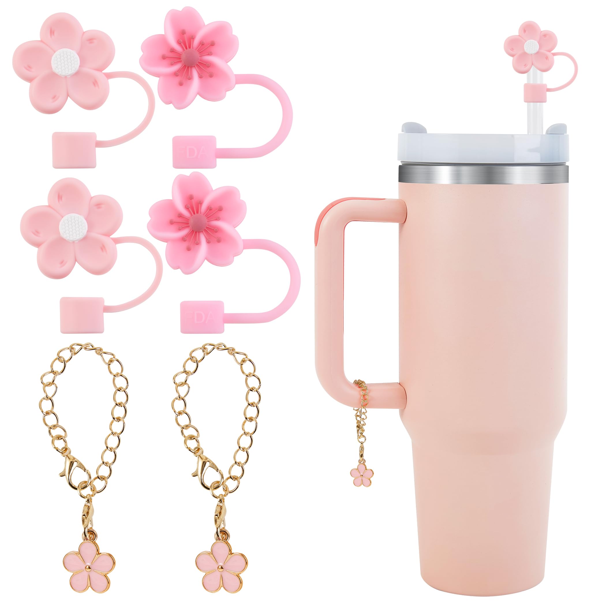 cicadawingSilicone Straw Cover Caps for Stanley Cup 30 & 40 Oz Tumbler,4 pcs Colourful Flower Straw Tips and 2 pcs Handle Charms Set for Stanley Cup Accessories (pink)