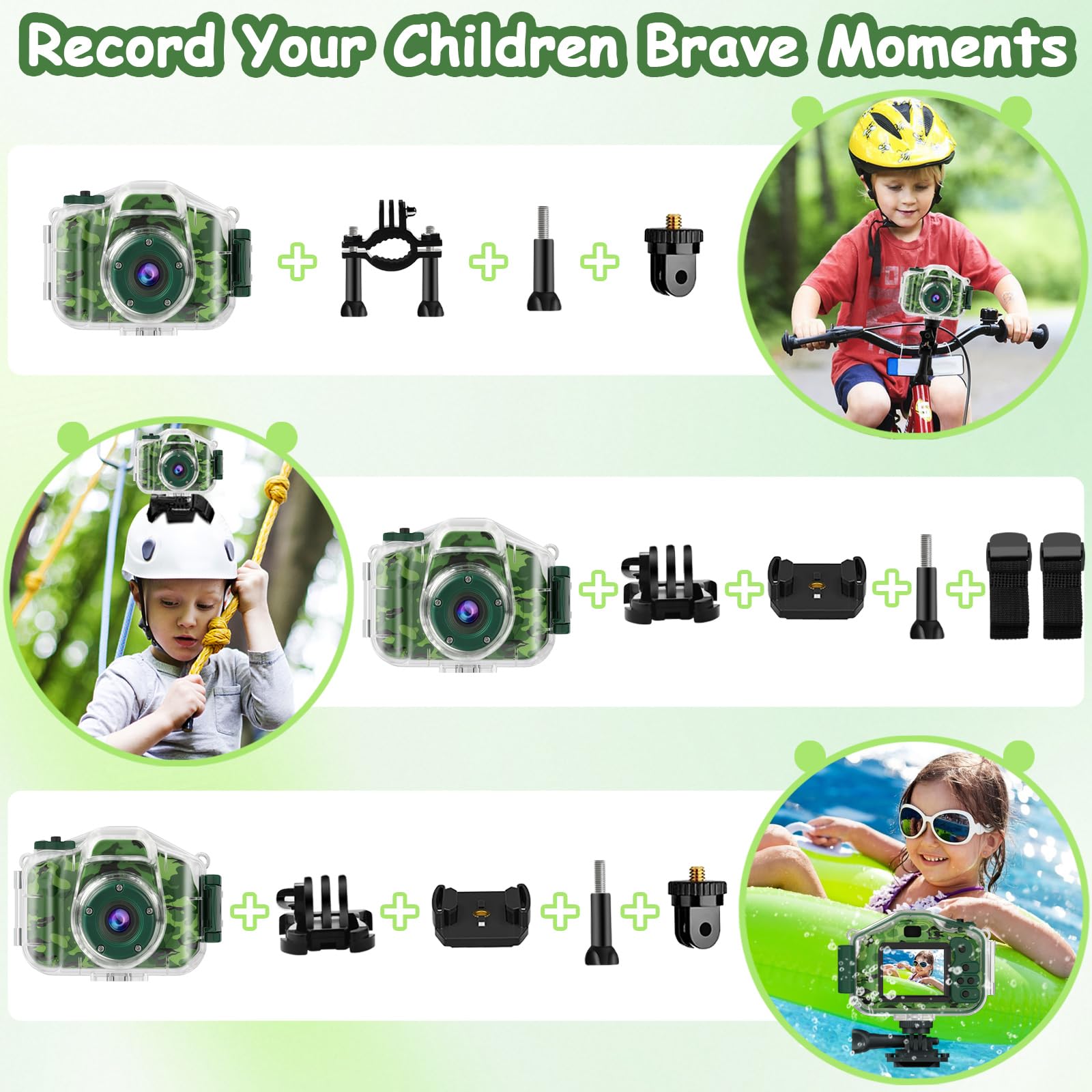 DEKER Waterproof Camera for Kids, Christmas Birthday Gifts for Boys Girls 3-12 Year Old, Mini HD Toddler Digital Video Children Travel Camcorder, 2 Inch IPS Screen with 32GB Card (Green)