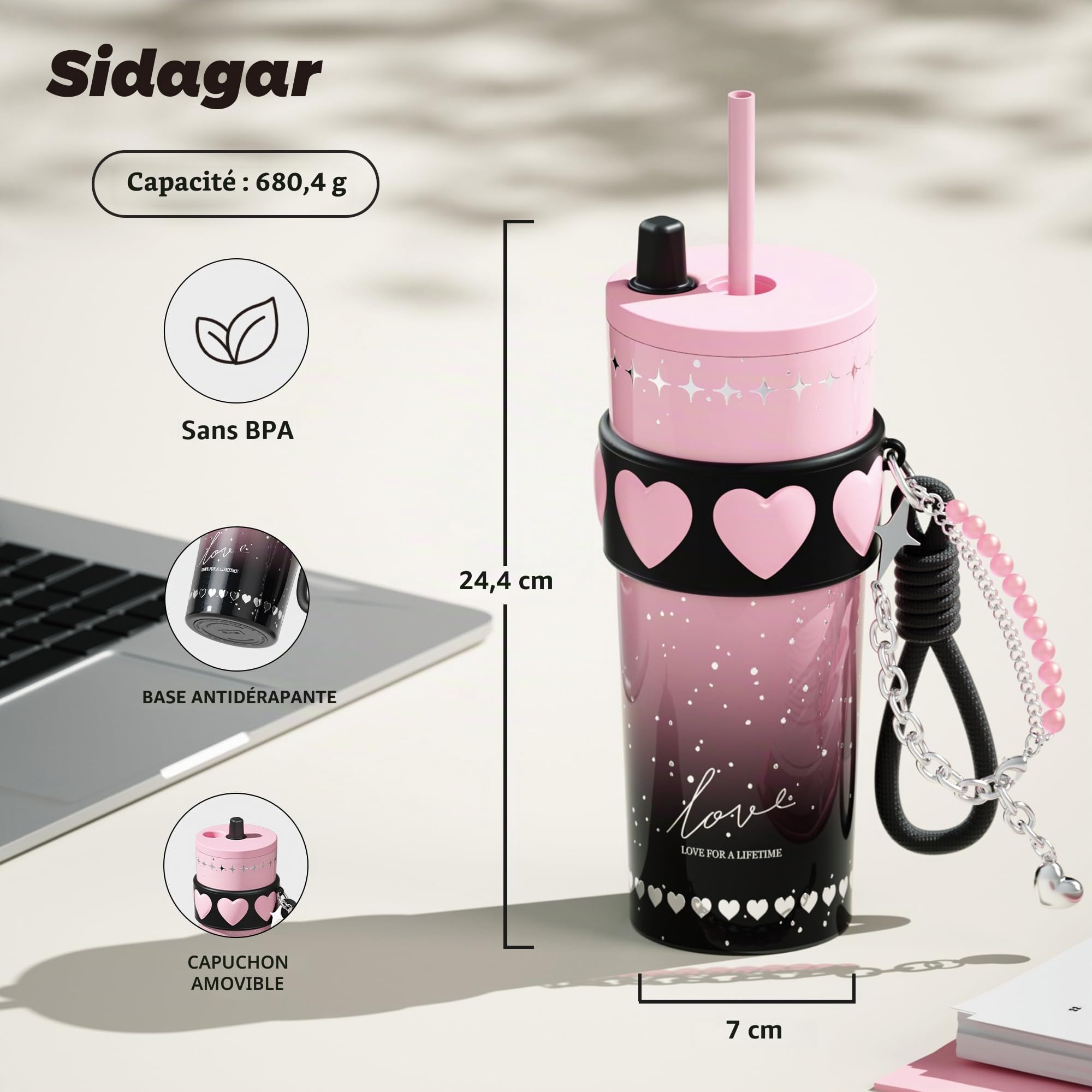 Gobelet en acier inoxydable de 710 ml avec couvercle et paille, tasse à café isotherme, anti-fuite, portable, réutilisable, tasse à café isotherme pour femme, rose