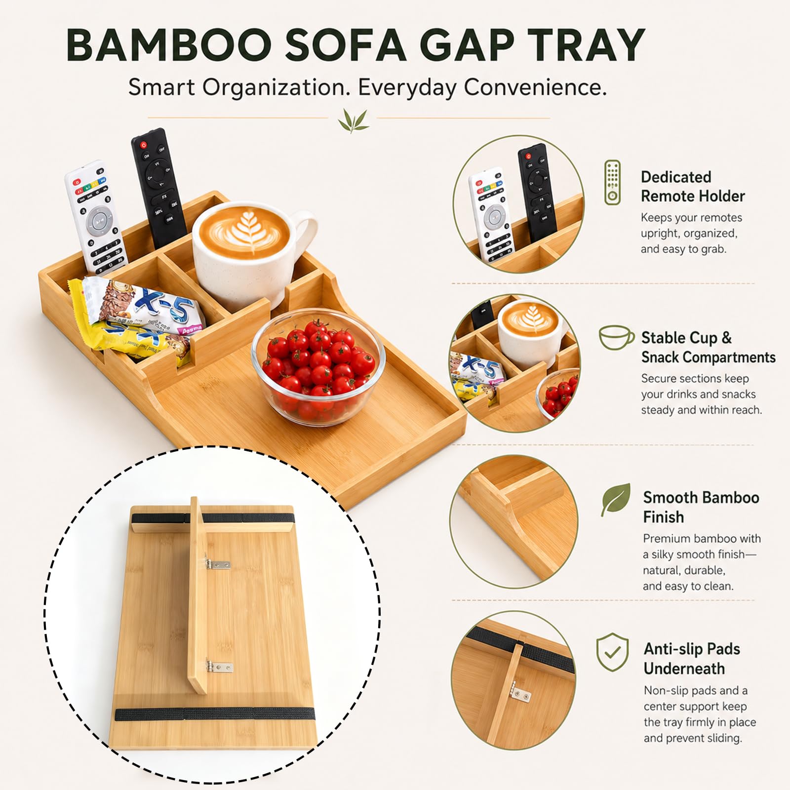 Bandeja de Sofá de Bambú, Organizador 2 en 1 para Hueco de Sofá con Portavasos, Bandeja para Mando, Snacks y Bebidas, Sofá y Cama