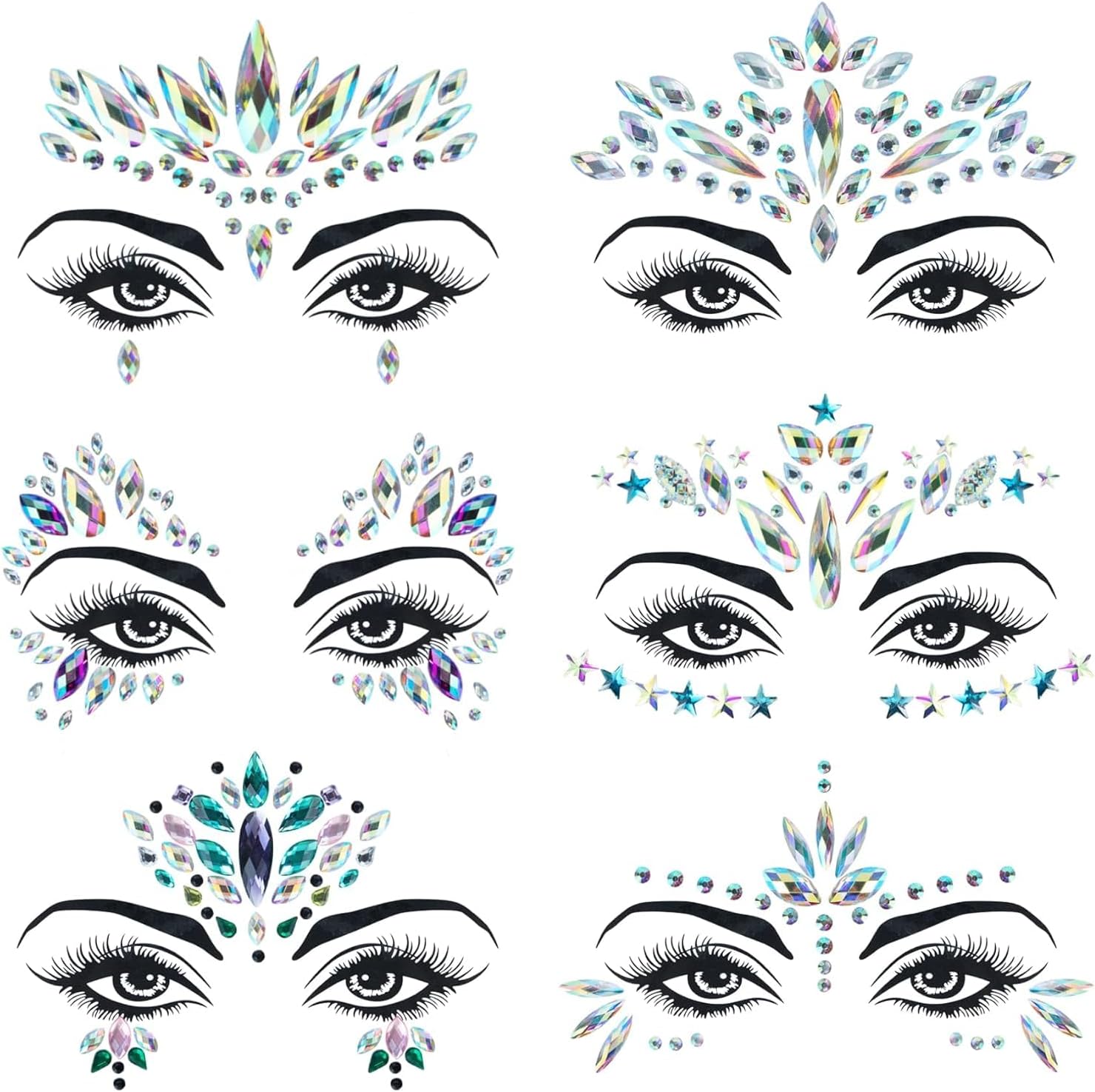 6 Sets Mermaid Face Jewels Rhinestone Face Gems Stick on Halloween Cosplay Party Carnival Festival Crystals Temporary Tattoos