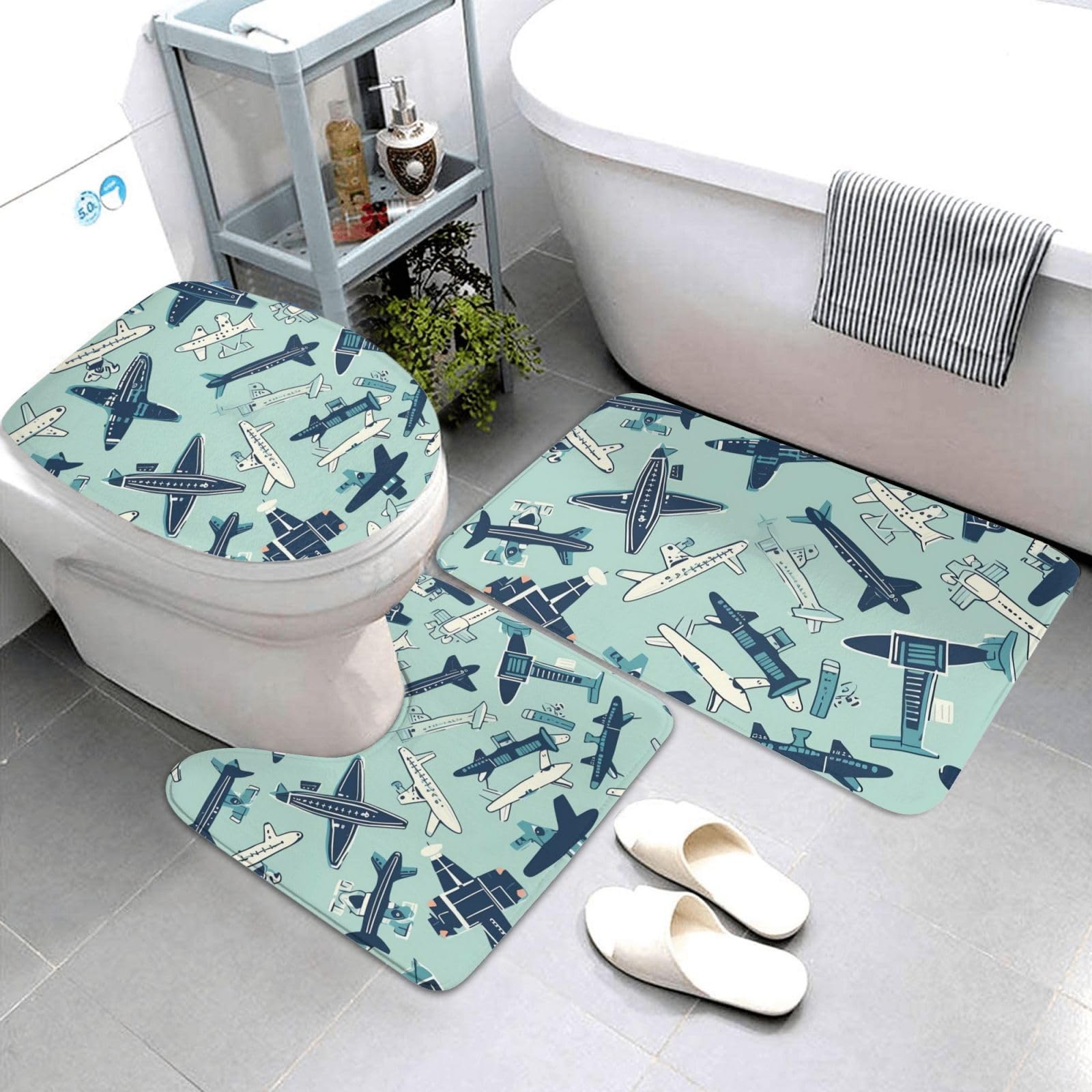 Dwrepo Airplane Print Bathroom Rug Set 3 Piece with Non-Slip U-Shaped Contour Mat and Toilet Lid Cover for Bathroom Decoration