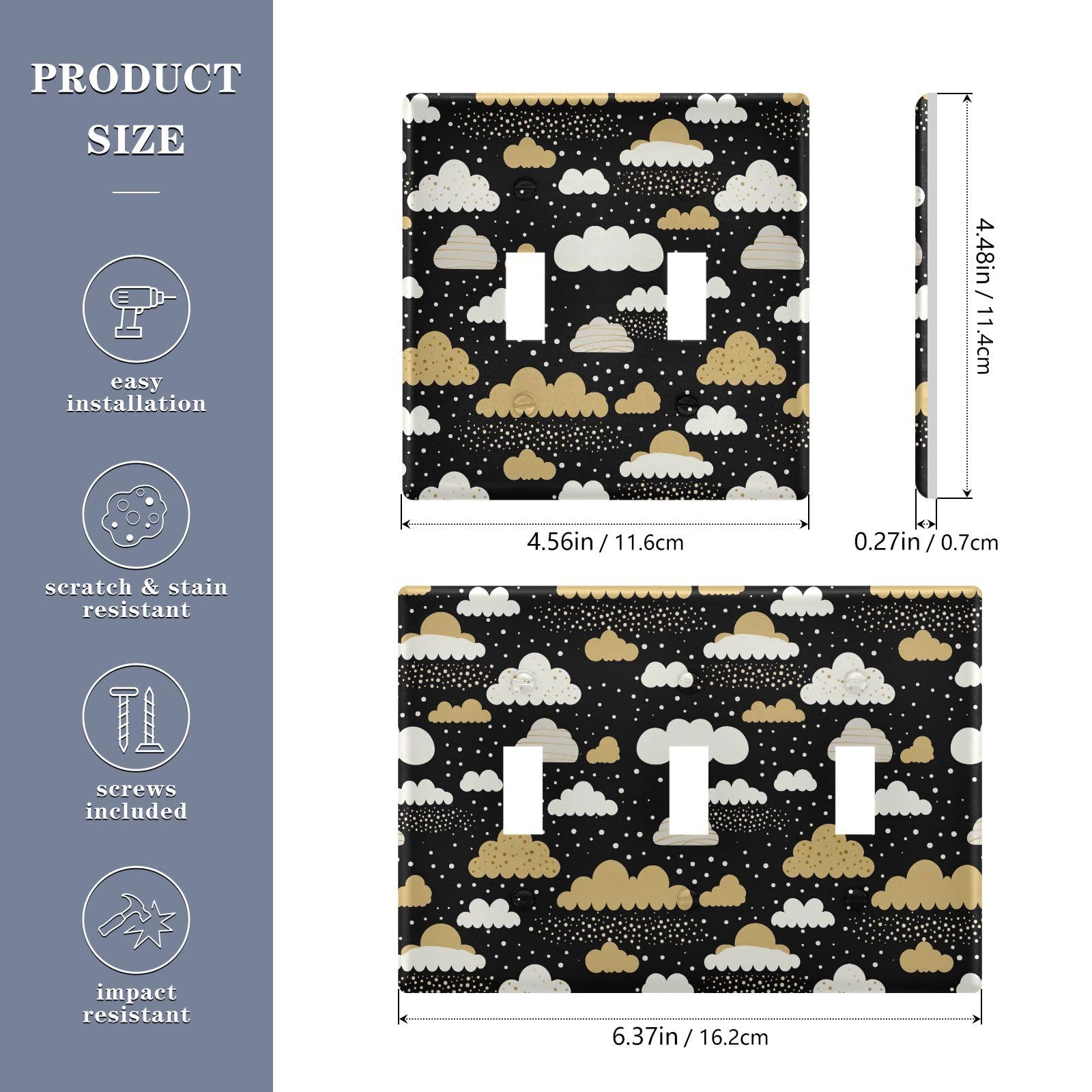 Light Switch Cover White Gold Cloud Wall Plates for Electrical Outlets 3 Gang 202b2593