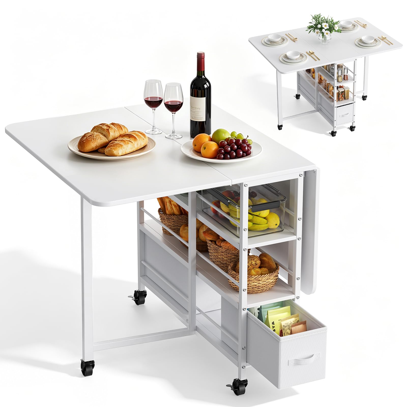Tavolo da pranzo pieghevole bianco 6 ruote 2 cassetti per spazi piccoli | 4 ripiani con bordo protezione, ruote con freno, carico 60kg, struttura legno-metallo stabile, 3 modalità d'uso