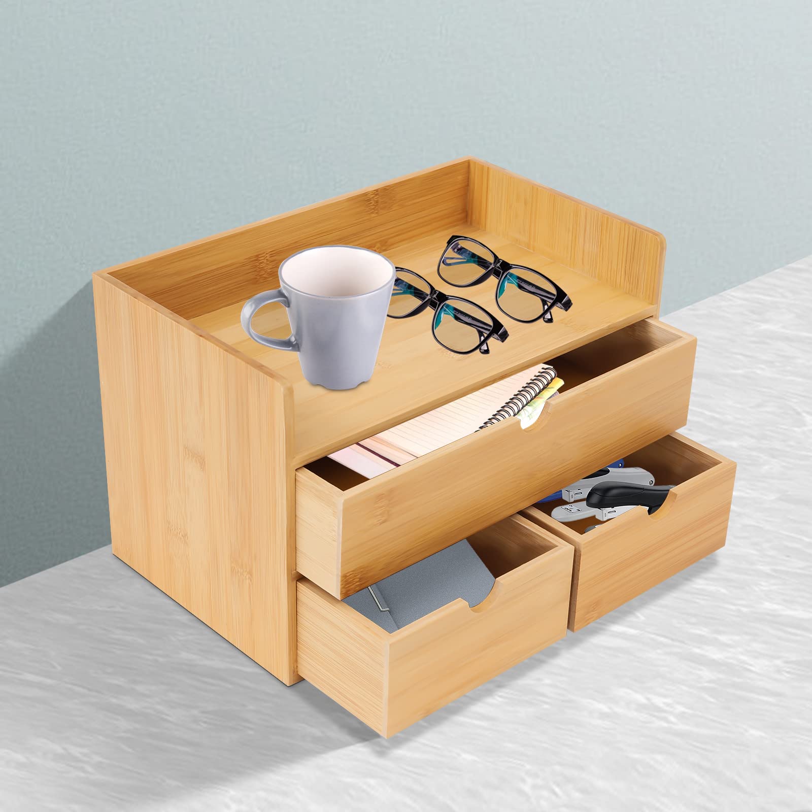 Organizer da scrivania in bambù con 3 cassetti, mini scrivania in bambù, cassetto da tavolo, ordina cassetti, organizzazione su 2 a partire da 1 pareggio, per ufficio, casa, articoli da toeletta