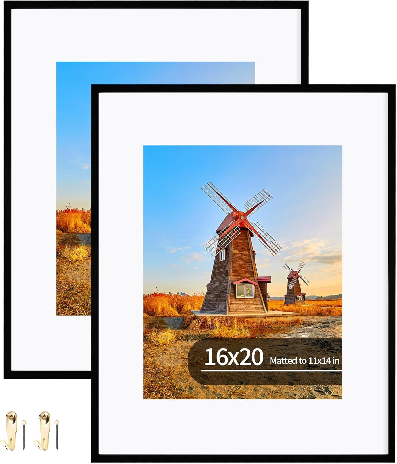 16x20 Metal Frames Set of 2, 16 x 20 Aluminum Photo Frames with 11x14 Mat - Sawtooth Hangers, Spring Clips for Wall Mounting Horizontal and Vertical(Black) Metal Black 16x20 in