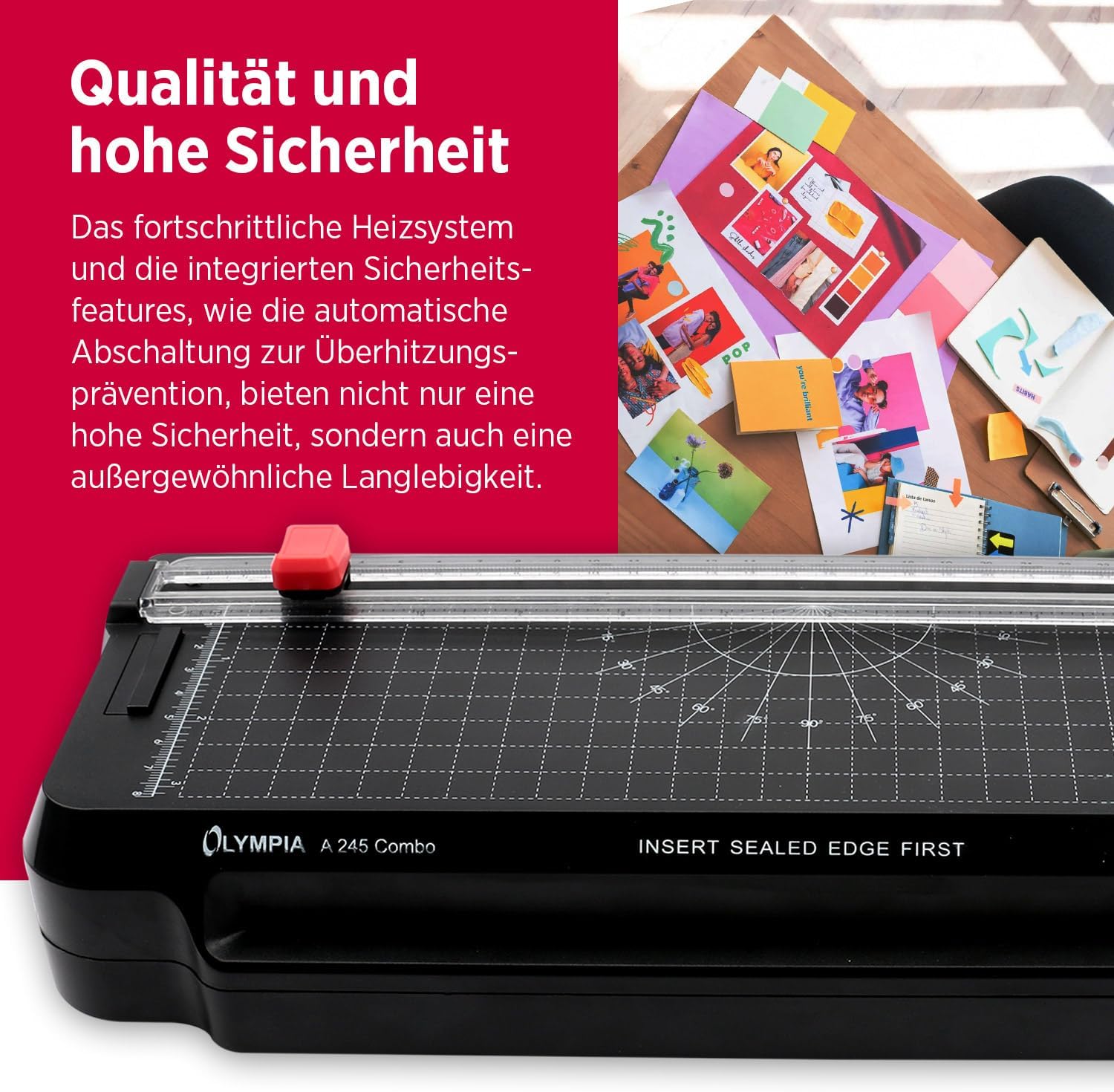 Olympia 4 in 1 Laminierset für A4 Laminator mit Papierschneider A245 Combo 4 in1 Laminiergerät + integriertes Schneidelineal + Laminierfolien-Set + Eckenrunder