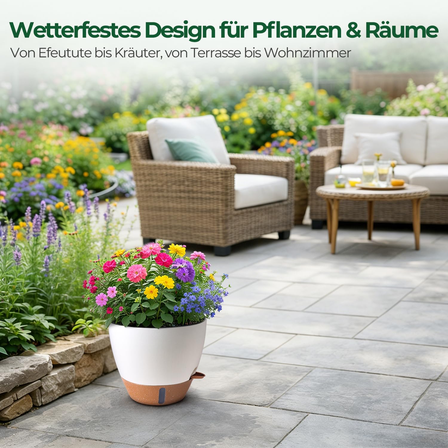 T4U 2er Set 25cm Selbstbewässernder Blumentopf mit Wasserstandsanzeige, ideal für Geigenfeige & Monstera, pflegeleicht, blumentopf Gross innen & pflanzkübel groß außen,（Weiß）