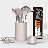 Set de utensilios de cocina de silicona grandes oannao, resistentes al calor, incluye volteador, pinzas, espátula, cuchara, brocha y batidor, acero inoxidable, apto para lavavajillas (caqui) 7