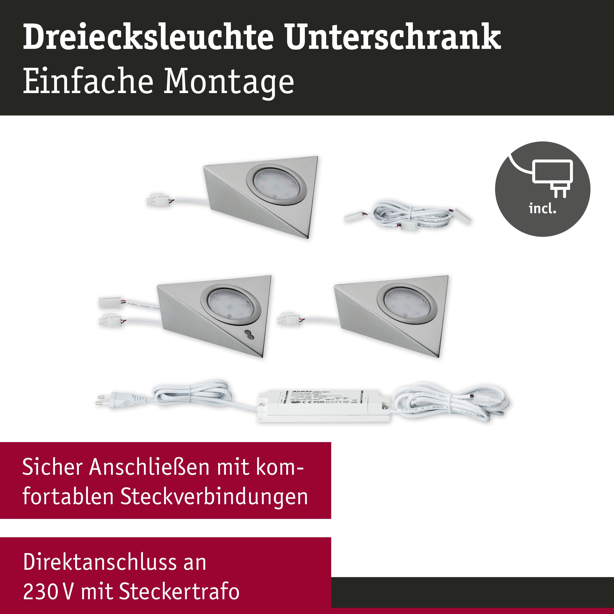 Paulmann 93572 LED Unterschrankleuchte Dreieck mit Näherungssensor eckig incl. 3x2,8 Watt Schrankleuchte Eisen gebürstet Schranklicht Metall, Glas