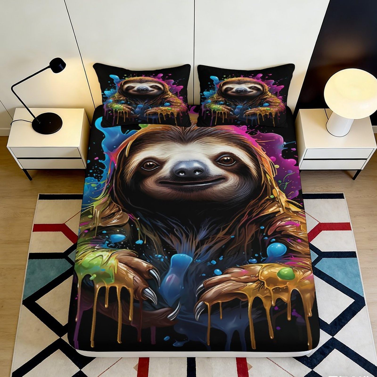 Jqzkxnhpbr Style-5 3D Printed Colorful Sloth Fitted Sheet Microfiber Soft Non-Slip Artistic Bed Cover For Bedroom Guest Room Decor 90X200x25cm
