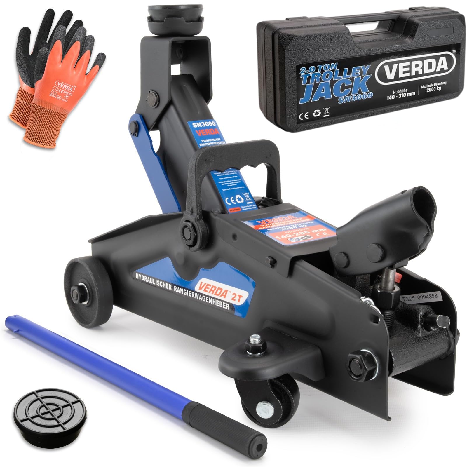 Cric hydraulique 2T, 140–310 mm, avec Patin en Caoutchouc Extra Plat, pour SUV et Jeep, cric rouleur avec Mallette de Transport pour véhicules Tout-Terrain, incluant des Gants