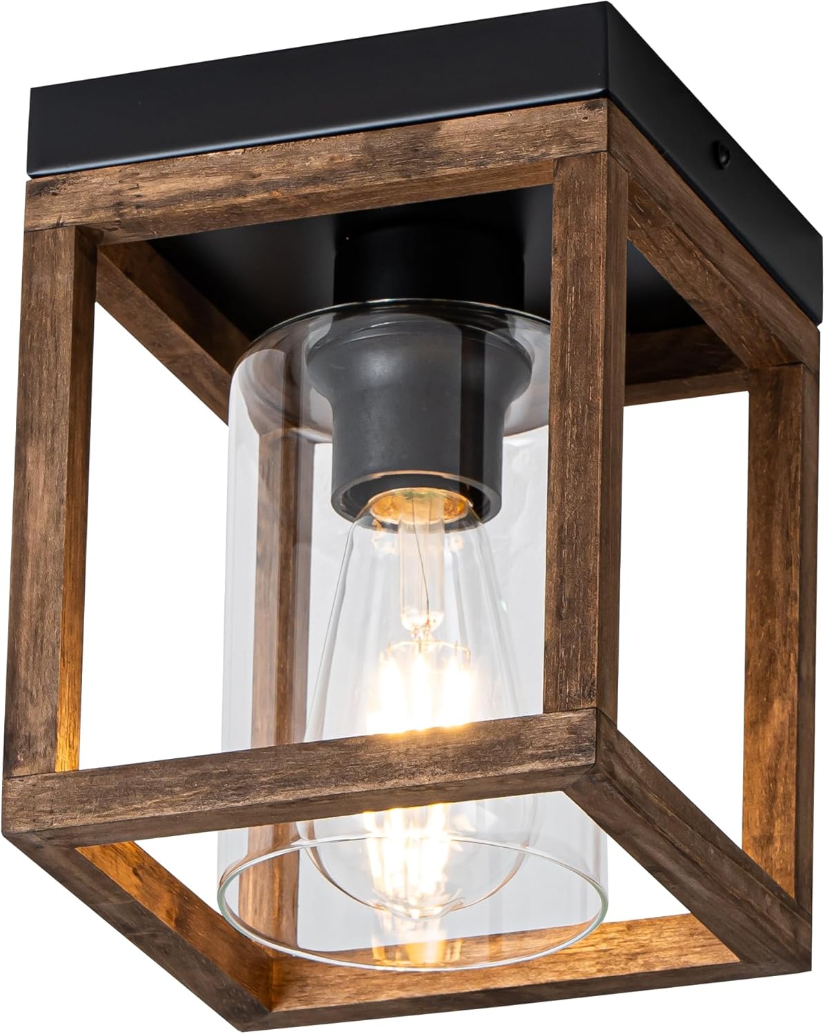 Mayful Flush Mount Ceiling Light,Famhouse Light Fixture with Wood Frrme & Clear Glass Shade,Rustic Ceiling Light Fixture for Entryway, Porch, Foyer, Hallway, Garage, Dining Room, Balcony