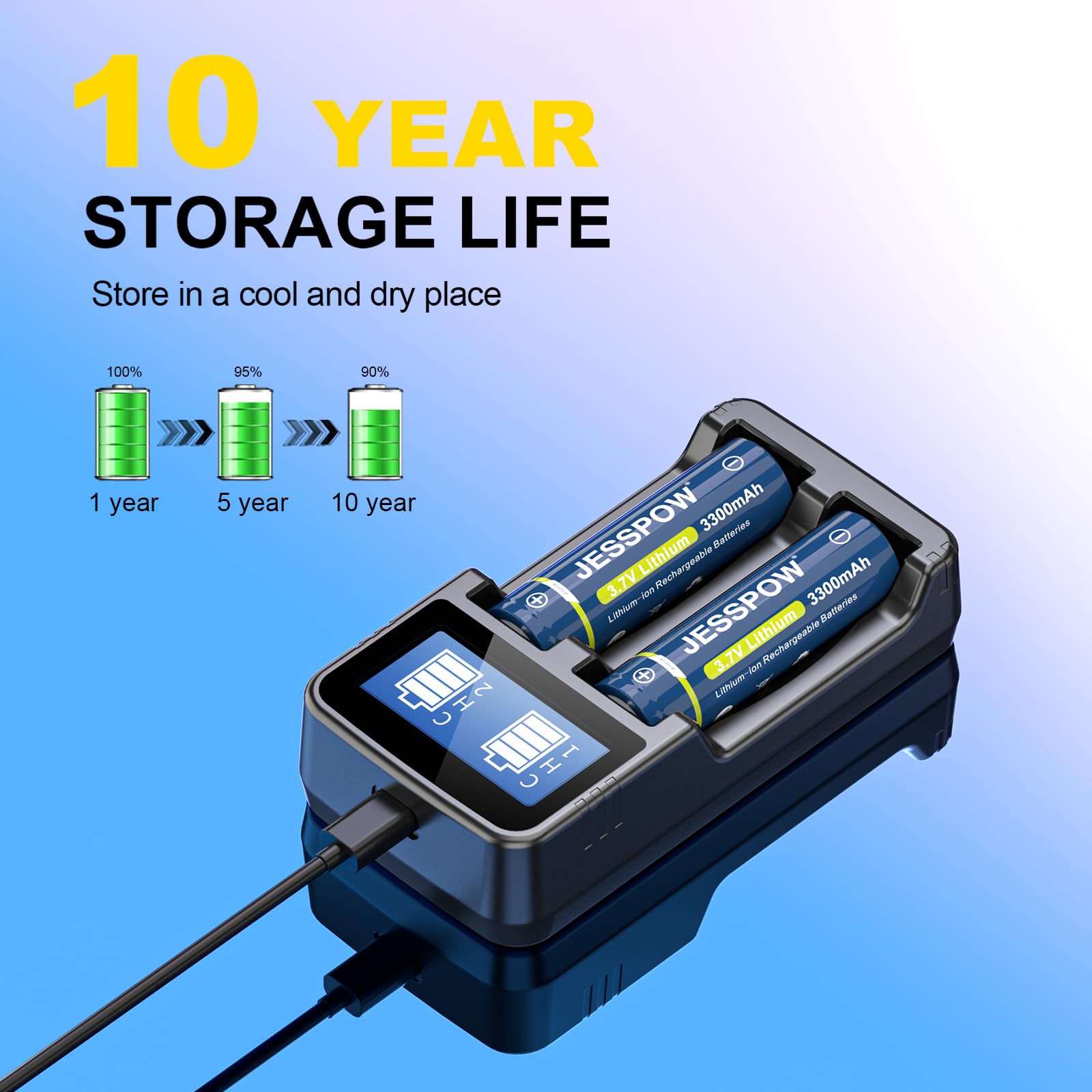 3,7 V batería recargable botón superior con cargador, batería de 3300 mAh para linternas LED, linternas, ventilador pequeño [2 unidades, batería no AA/AA]