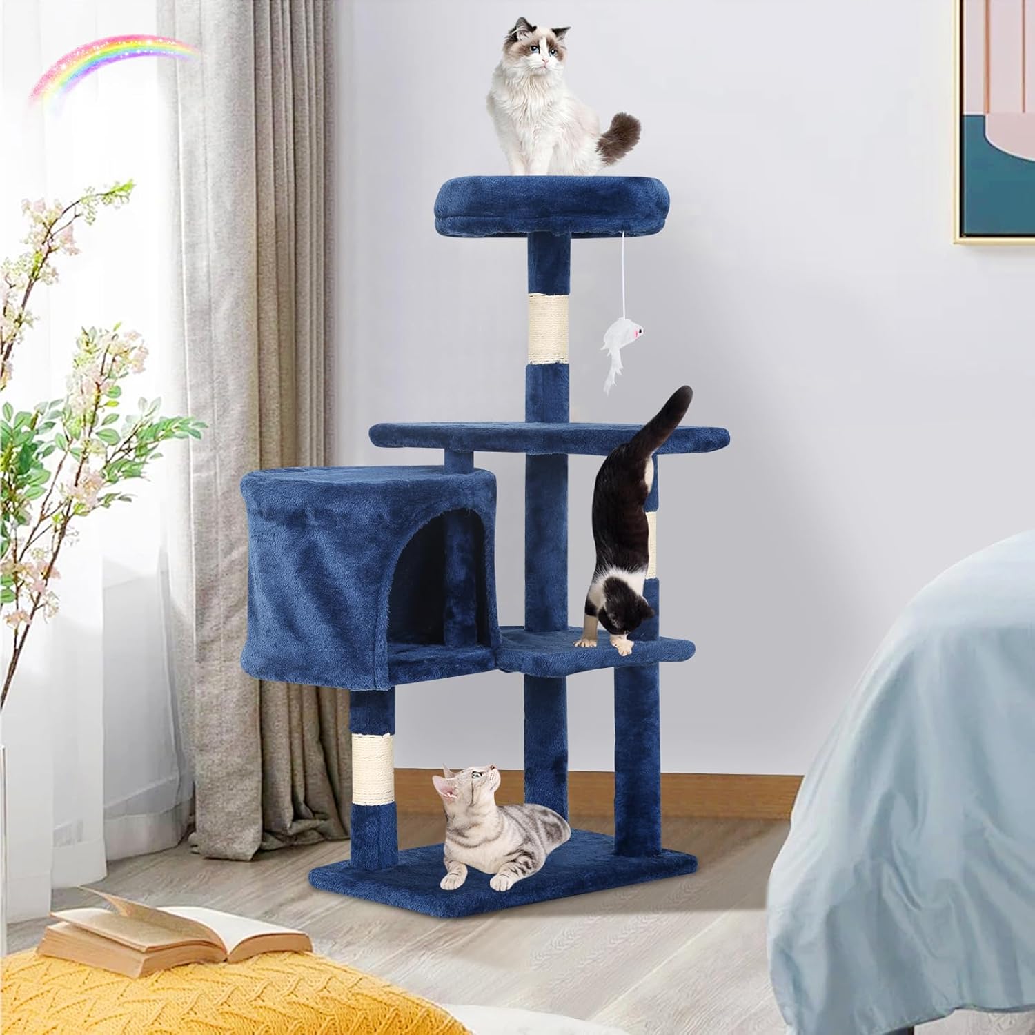 Cat Tree 36 Inch Cat Tower for Indoor Cats with Scratching Post,Padded Perch,Hanging Toys for Kittens & Adult Cats,Beige (Navy Blue)