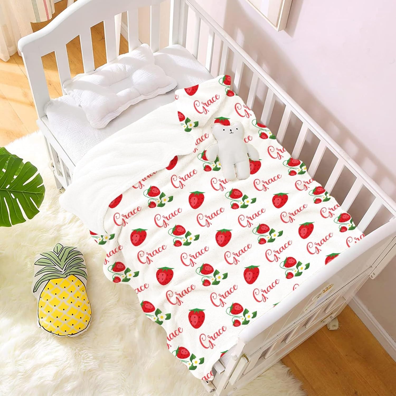 Personalized Strawberry Baby Blanket, Soft Flannel Blanket, Custom Gift, Birthday Idea 40"x50" - Kid Size