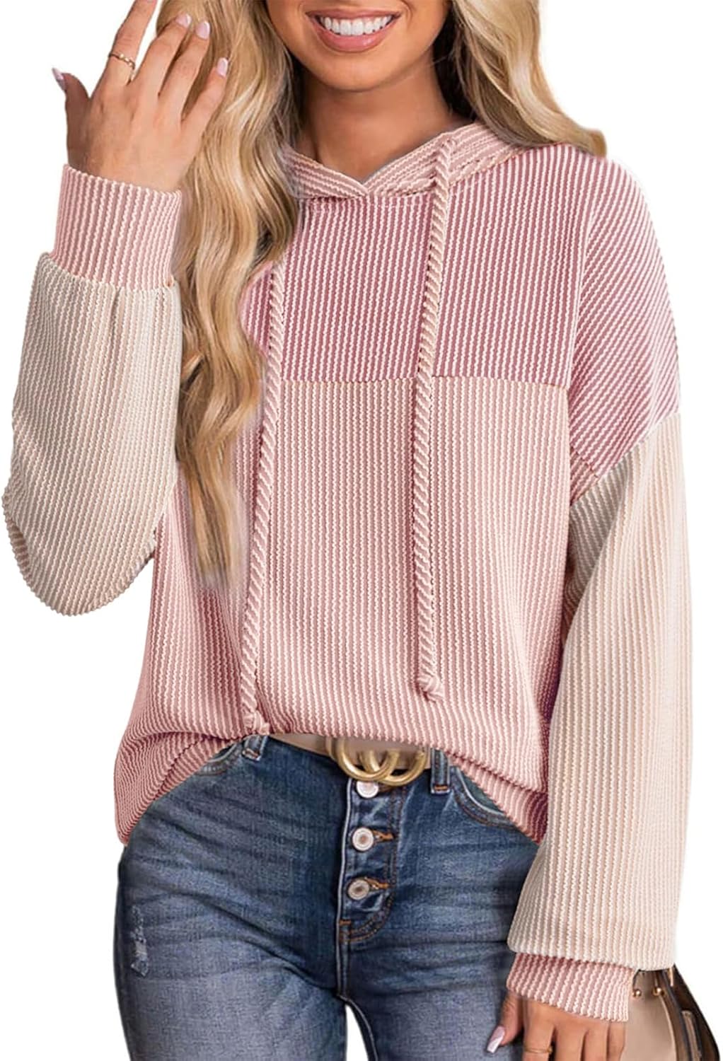 Women Color Block Oversized Hoodies Sweatshirt Casual Long Sleeve Hoodies Drawstring Sweatshirt Pullover