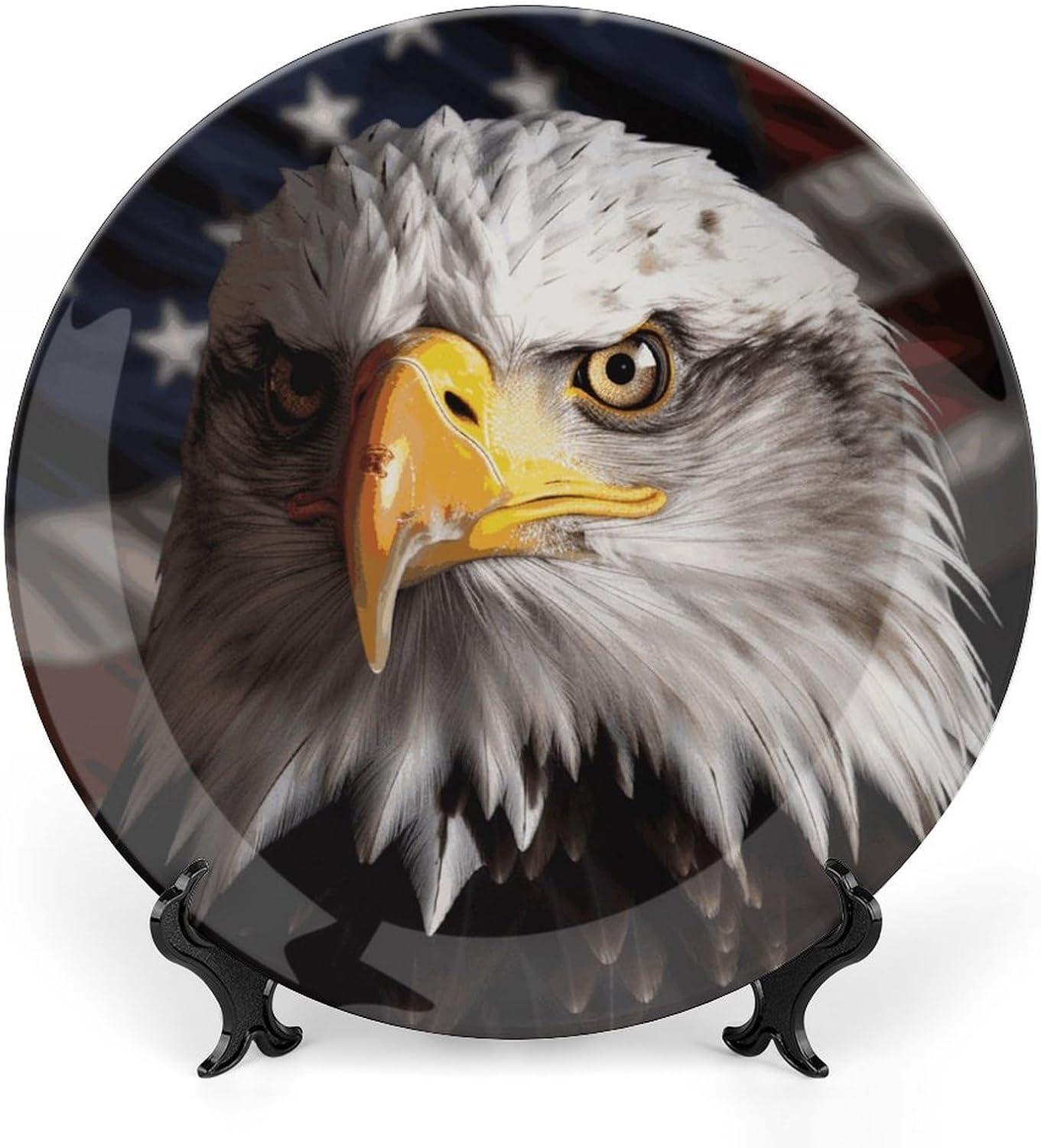 America Flag And Eagle Bone China Decorative Plate with Display Stand, Ceramic Ornaments Plate for Wall Hanging, Personalized Porcelain Plates for Office, Living Room 8inch