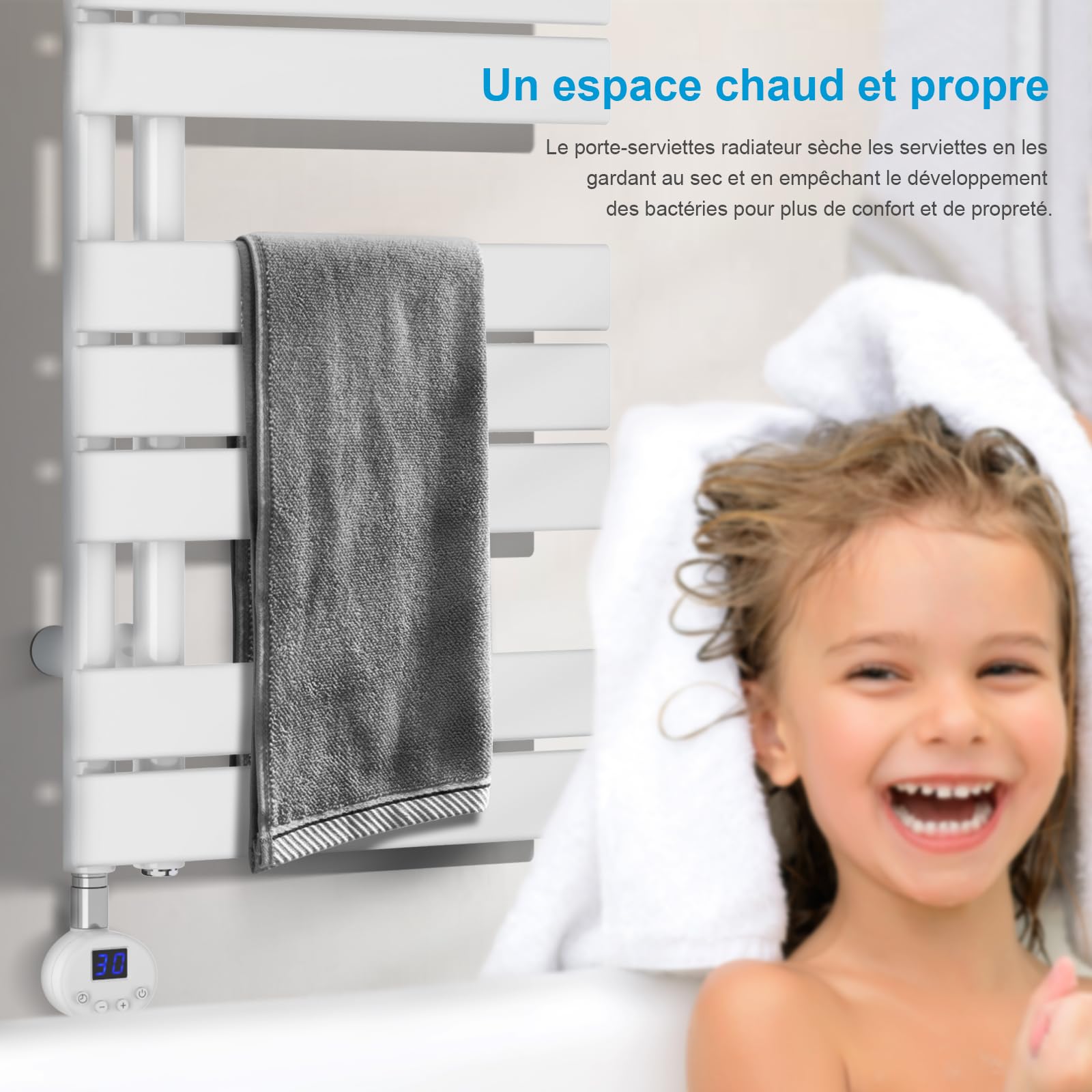 Heilmetz seche Serviette Electrique 400 x 1385 mm,avec élément Chauffant thermostatique et Fonction minuterie, radiateur sèche Serviette Plat, raccordement latéral（Blanc）