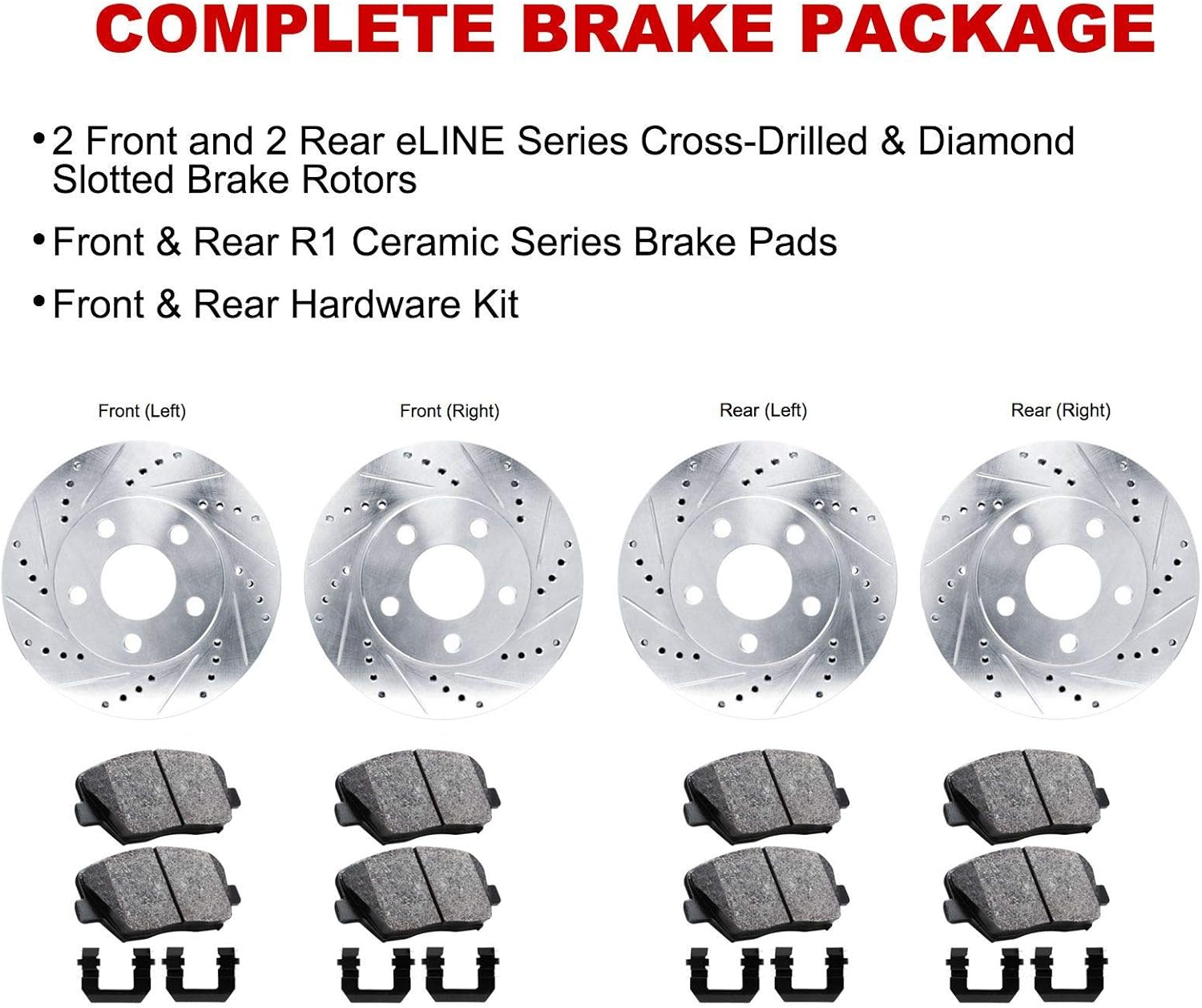 R1 Concepts Front and Rear Brake Kit For 2019-2022 Genesis G70; 2018-2021 Kia Stinger| Drilled Slotted Brake Rotors| Ceramic Brake Pads and Rotors Kit|Hardware included
