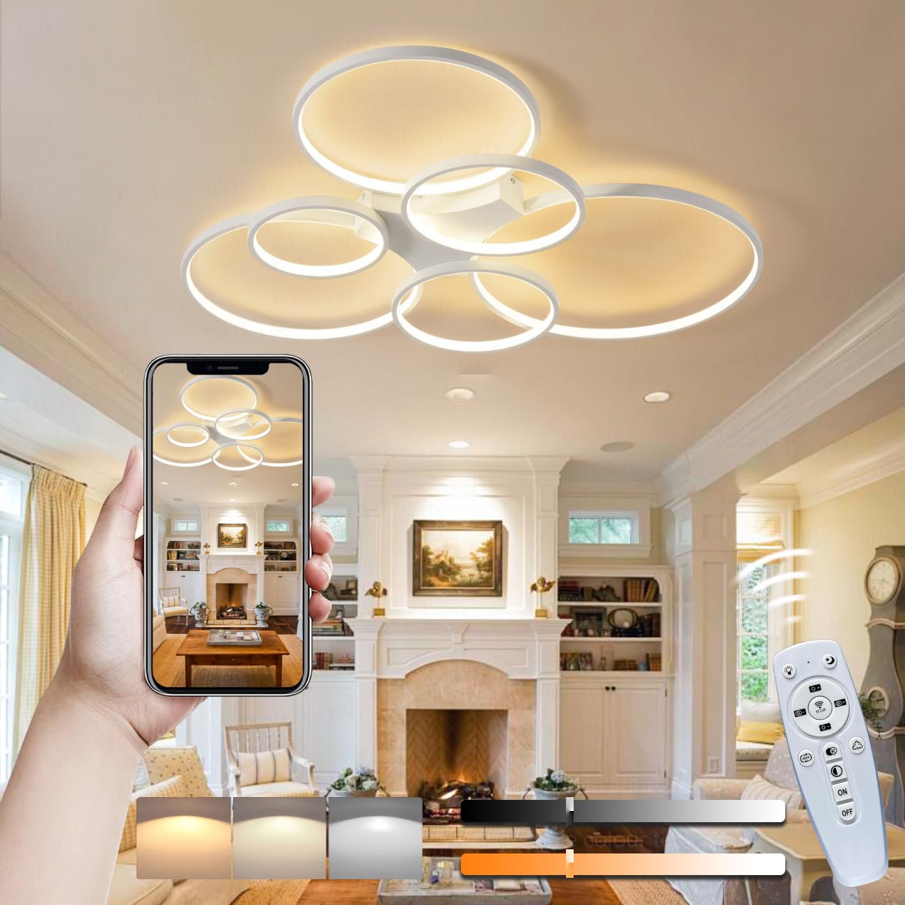 Kreatywny Ściemnialna 6-pierścieniowa lampa sufitowa do salonu 90W z pilotem 3000K-6500K Nowoczesne Plafon LED sypialni Energooszczędne Możliwość przyciemnienia do jadalni kuchni biur L100cm (Biały)