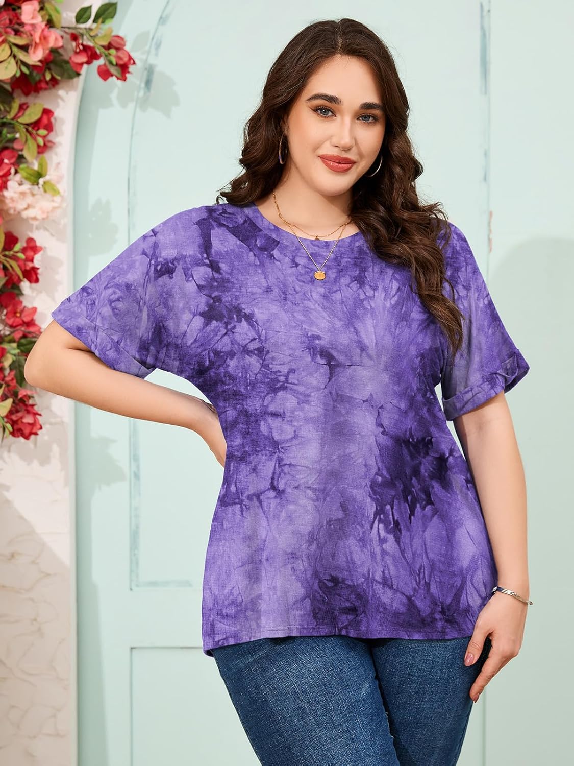LARACE Plus Size Tunic Tops for Womens Summer Shirts Roll Up Short Sleeves Blouses Loose Fit Tee Shirts Womens Casual Tops - Image 4