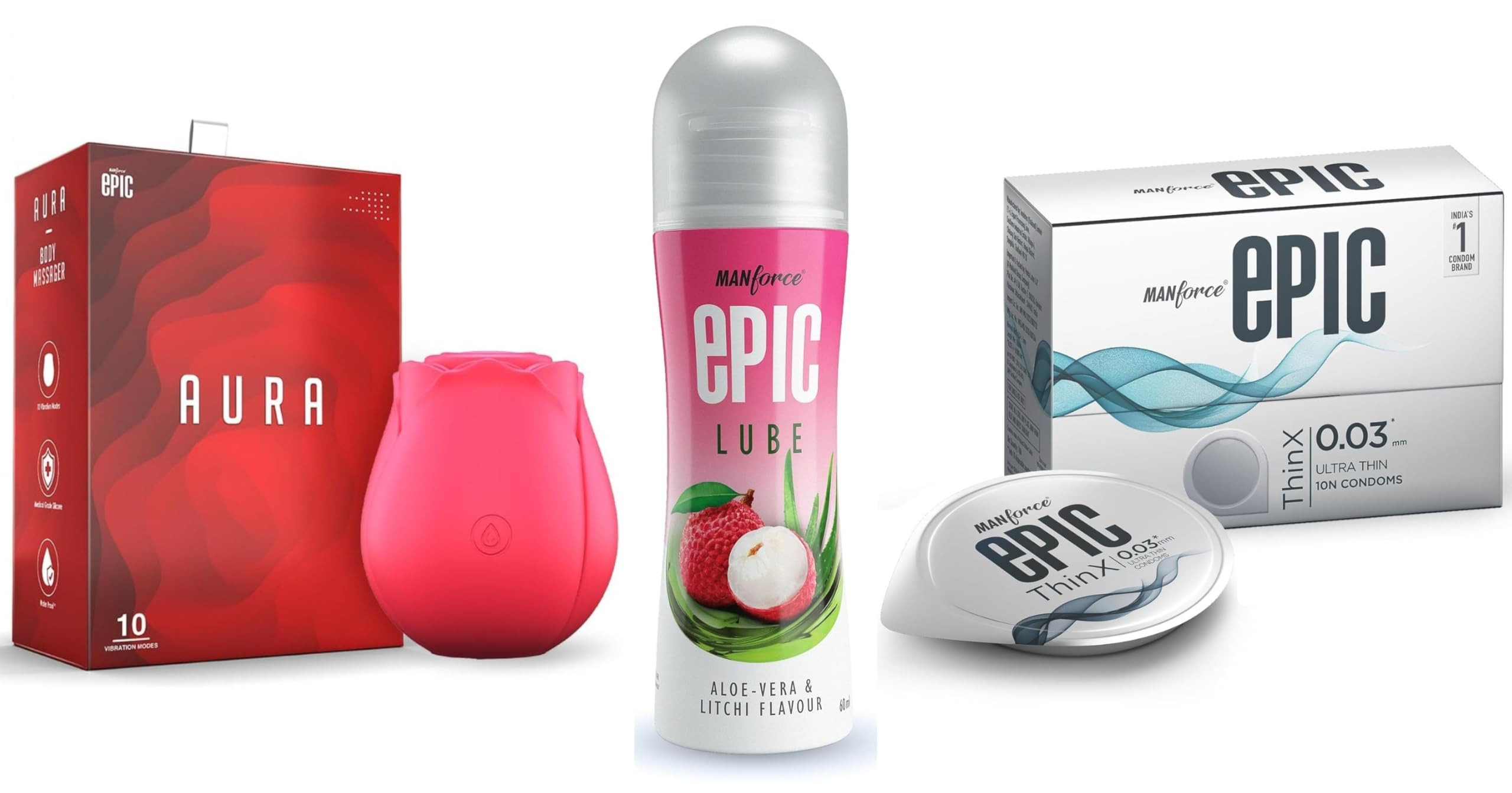 Manforce Epic Aura Massager | 10 Vibration Modes,Epic Lube | Aloe Vera & Litchi | 60ml | Water-based & Epic ThinX | Ultra Thin Condoms with Easy Peel Pack | 10 Pcs-image-24