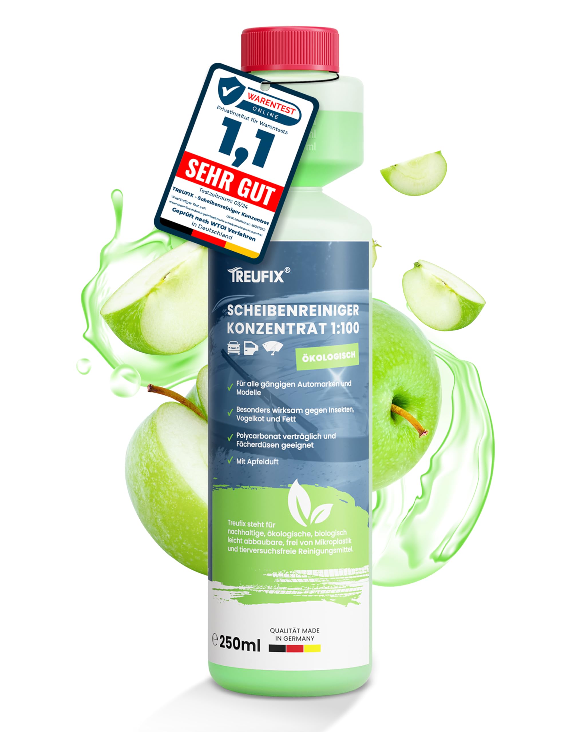 Treufix - Scheibenwischwasser Konzentrat 250ml Premium Scheibenreiniger Auto für alle Scheibenwaschanlagen & Scheinwerfer-Reinigungsanlagen für maximale Sicht und Sicherheit I Made in DE
