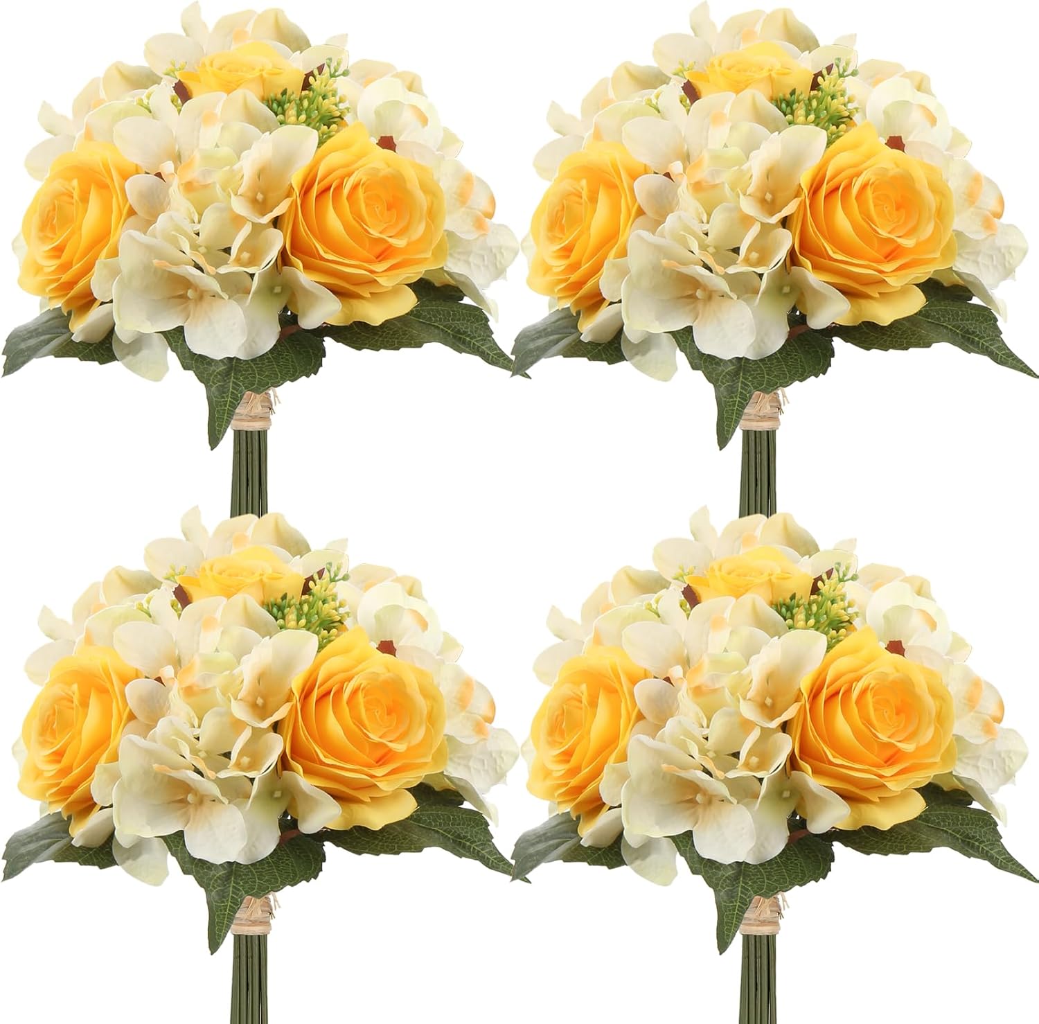 DILATATA Artificial Rose Bouquet 12" Silk Roses Artificial Flowers Fake Yellow Rose Flowers for Mother's Day Bridal Wedding Party Festival Decor - Faux Roses and Hydrangea 4 Pack