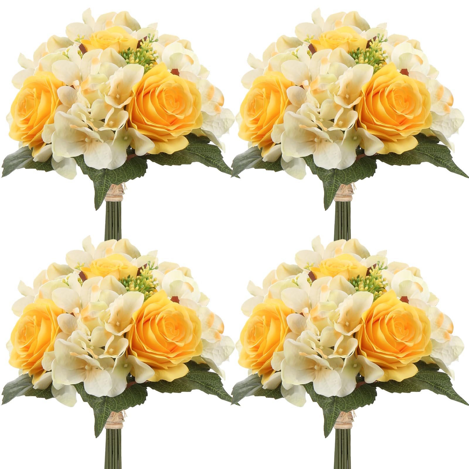 DILATATA Bouquet di rose artificiali in seta, 30,5 cm, fiori finti gialli, per festa della mamma, matrimoni, feste, festival, decorazioni, rose finte e ortensia, confezione da 4