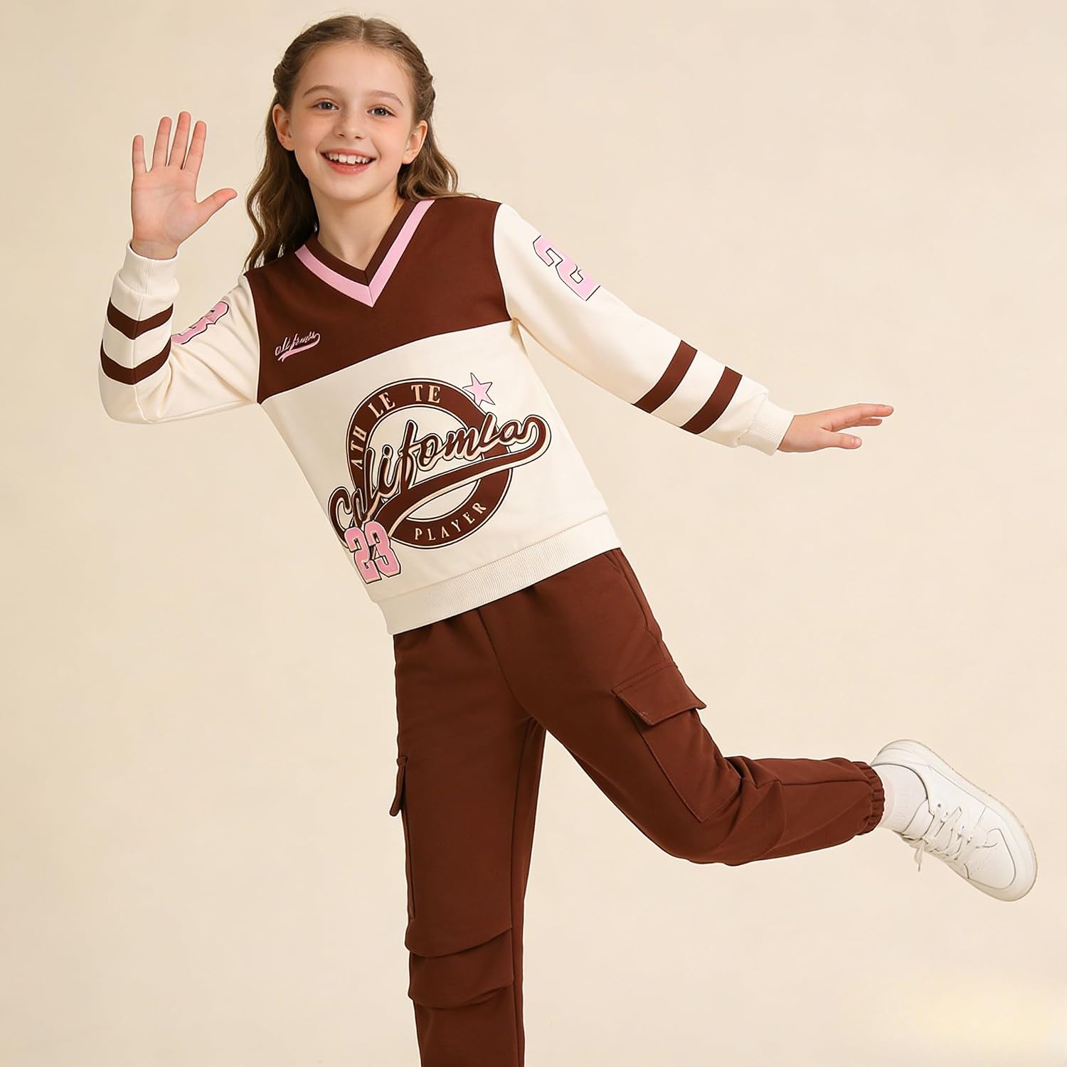 Axumity Tween Girls Clothes Sporty Color Blocking Numeral Print Sweatshirt & Cargo Pants Outfit Set