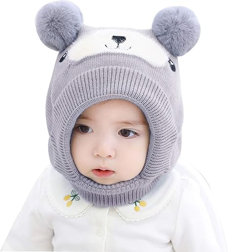 Amazon Co Jp Wff 帽子 ハット 赤ちゃんのイヤラップビーニー幼児幼児かわいい犬の帽子弾性と二重のポンポムの冬の女の子男の子のイヤラップキャップ Color Gray 服 ファッション小物