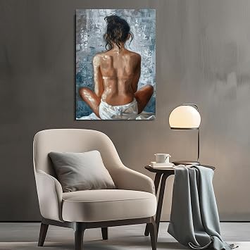 Wewejia - Bathroom Canvas Wall Art Abstract Sexy Woman Blue Gray White Oil Painting Sexy Poster Pretty Girl Art Prints Girl Bedroom Decor Best Gift For Female Friends 16x24 Inch
