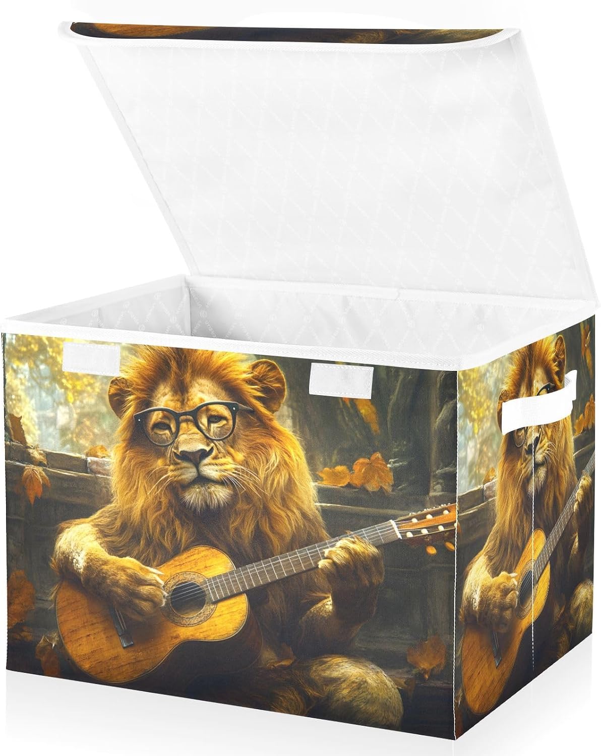 Lion Guitar Fall Large Storage Bins with Linen Foldable Storage Cubes Fabric Organizer Containers box with Flip-Top Lid for Home Office 16.5” x 12.6” x 11.8” IN