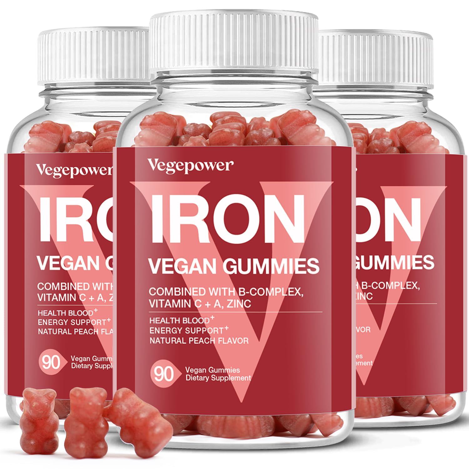 Iron Gummies for Women -Vegan Chewable, Peach Flavor (3 Packs) Peach 90 Count (Pack of 3)