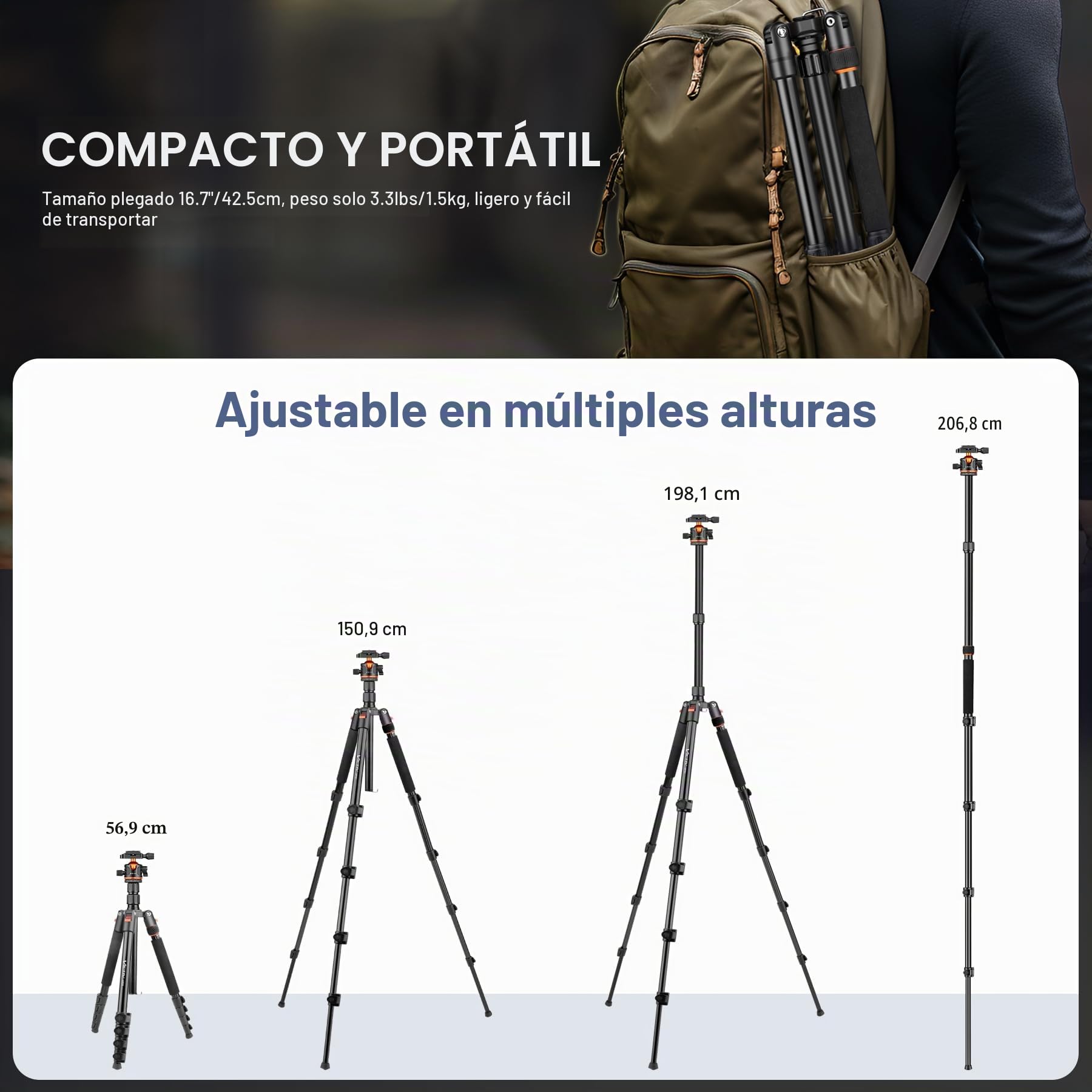 Victiv 198 cm Tripode Camara para Sony Canon Nikon, Tripode para Movil Alto de Viaje Compacto de Aluminio, Trípode Cámara Reflex Fotografia Panorámico 360° Carga Máxima 8kg