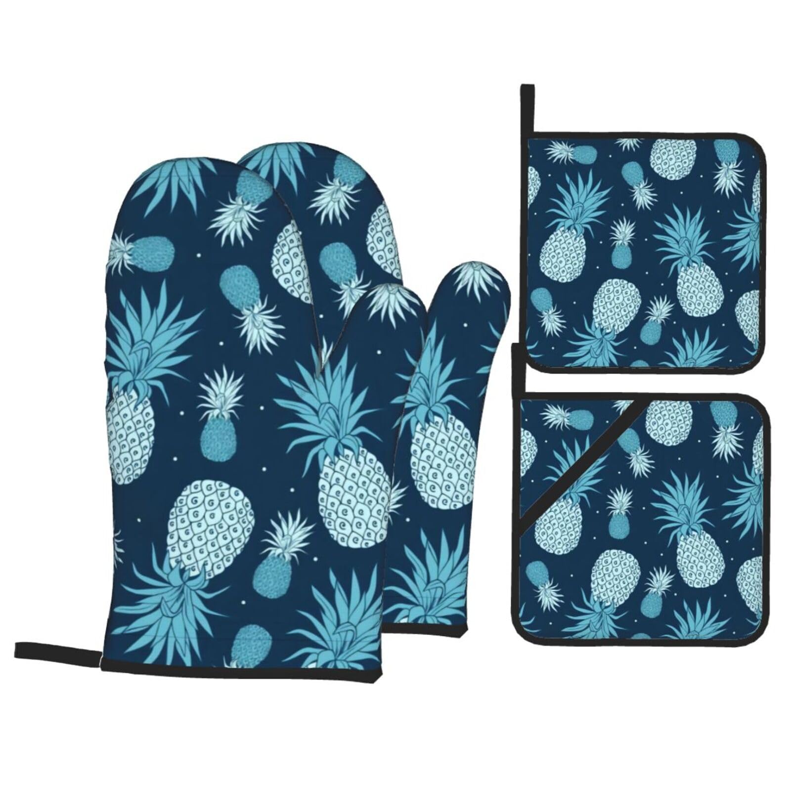 YYHHAOFA Vintage Pineapple Prints Kitchen Baking Set with Heat Resistant Pot Holders & Oven Mitts - Waterproof Layers for Cooking, Grilling & Serving, Includes Pocket Layer