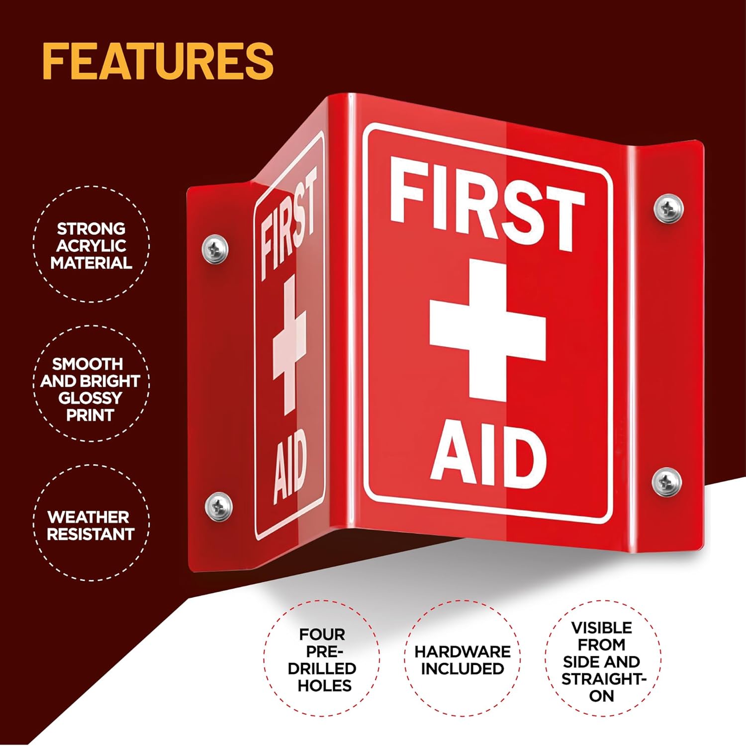 5”x 6” Acrylic First Aid Sign, 120 Mil Wall Mount First Aid 3D Projecting Sign Red, Pack of 4