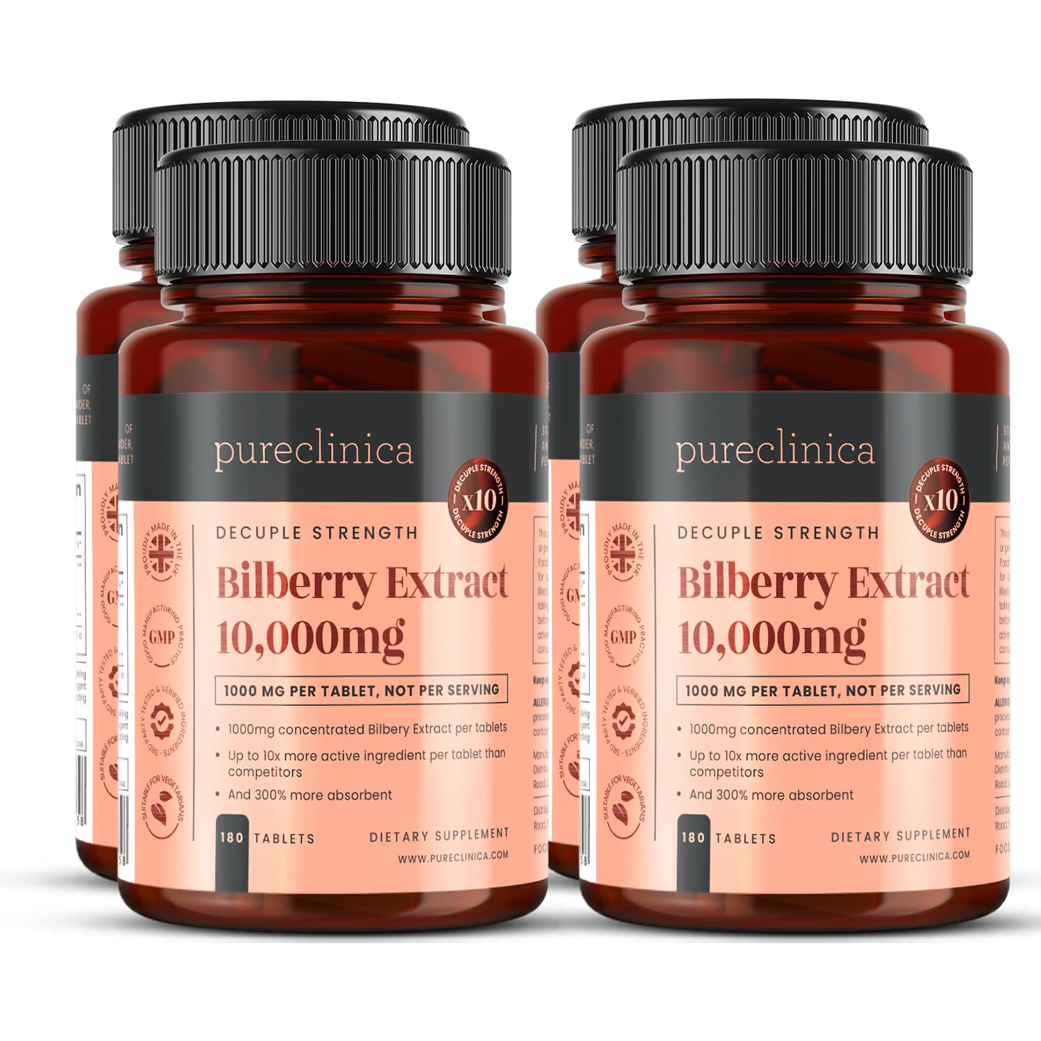 Bilberry Extract 10,000mg – Ultra High Strength 1000mg Tablets – Up to 10x Stronger Than Other Brands – 4 Bottles (720 Tablets, 24 Month Supply) – with Anthocyanidins & Black Pepper