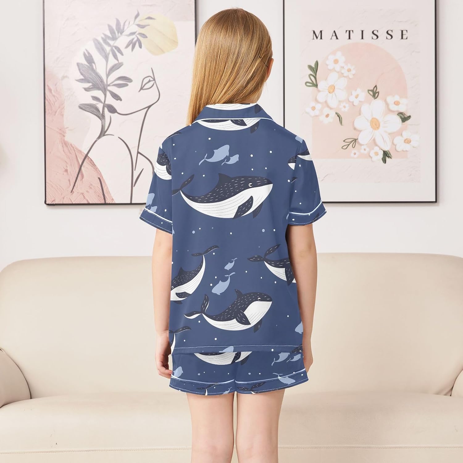 Kids Satin Wear Set Dark Blue Whales Pattern Relaxed Fit Clothing Short Sleeve and Shorts