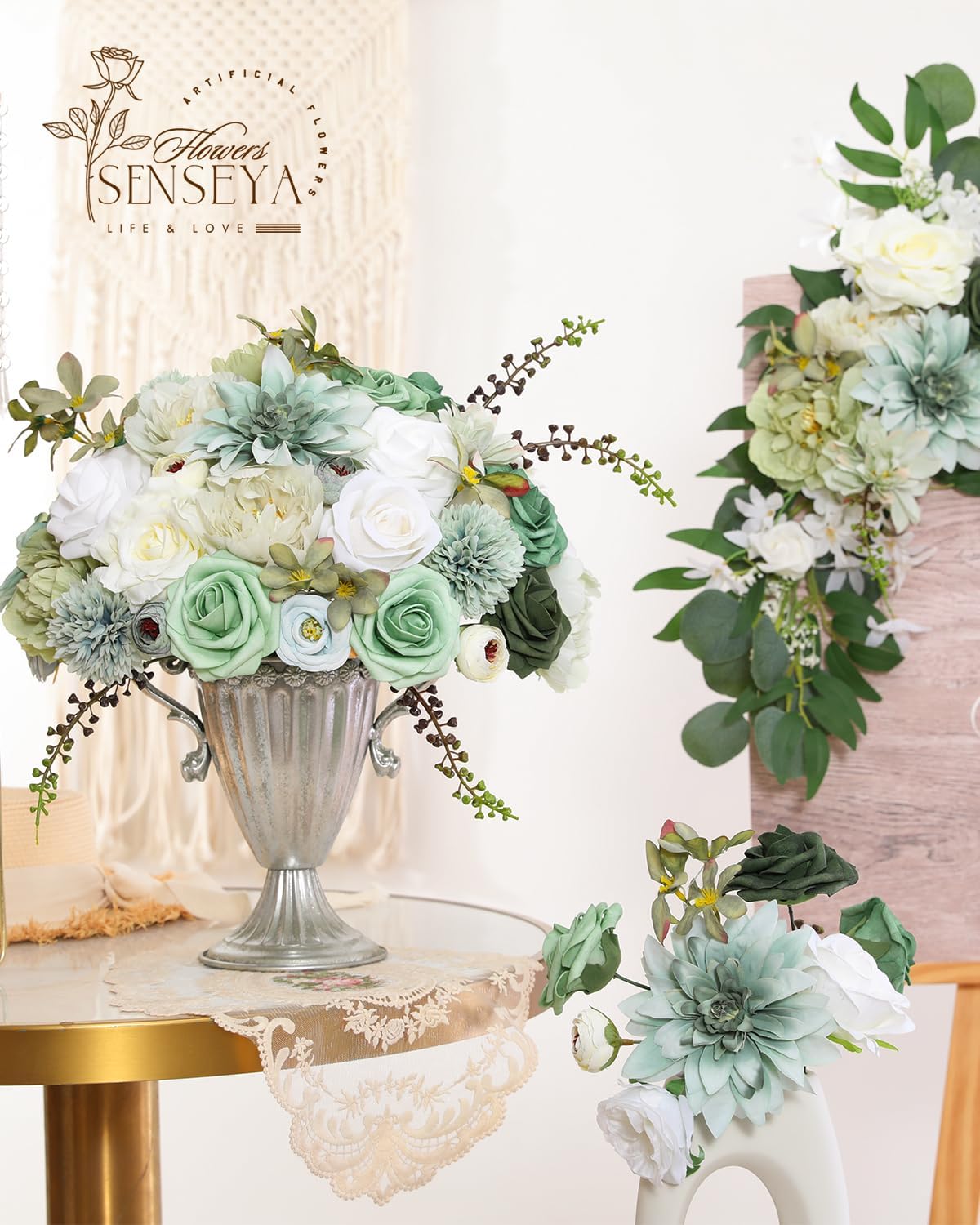 Senseya Artificial Flowers Combo Set, Green Silk Roses, Peonies, Dahlias with Stems for DIY Wedding Bouquets, Baby Shower, Table Centerpieces, Home Decor, Fake Floral Arrangements, Party Decorations - Image 5