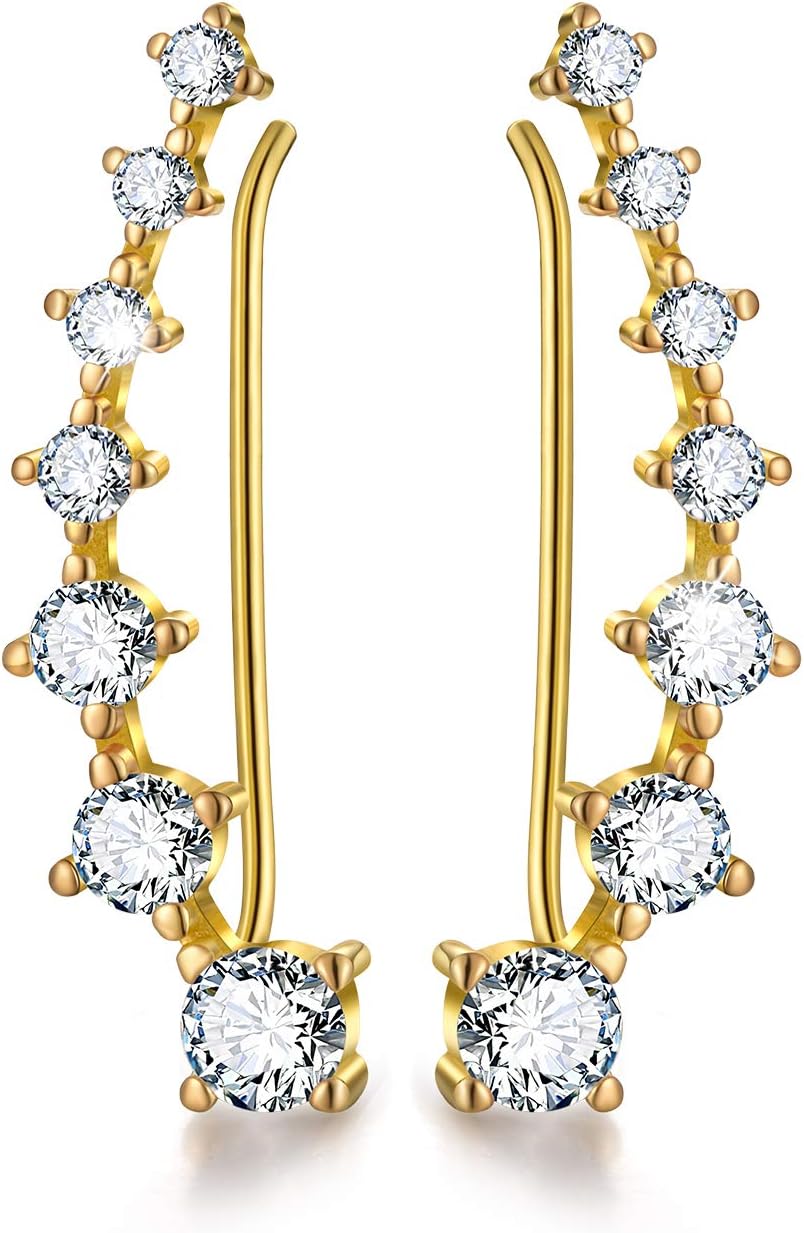 18K Gold Plating S925 Sterling Silver CZ Simulated Diamond Ear Crawler Cuff Earrings Climber Jackets Cubic Zirconia Earrings for Women.