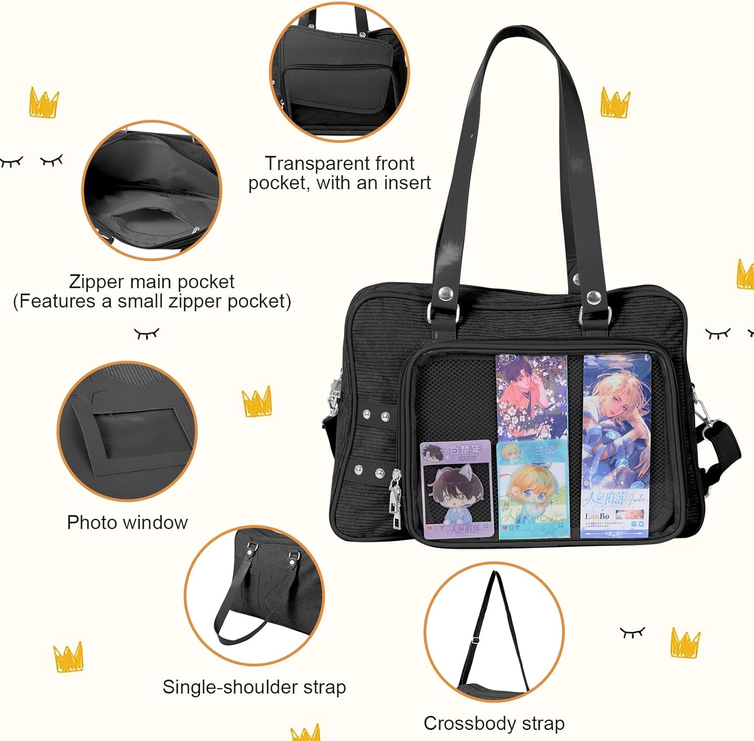 Kawaii Ita Bag Crossbody, Pin Purse, Messenger Bag Pin Display,Shoulderbag with Transparent Incert, Corduroy