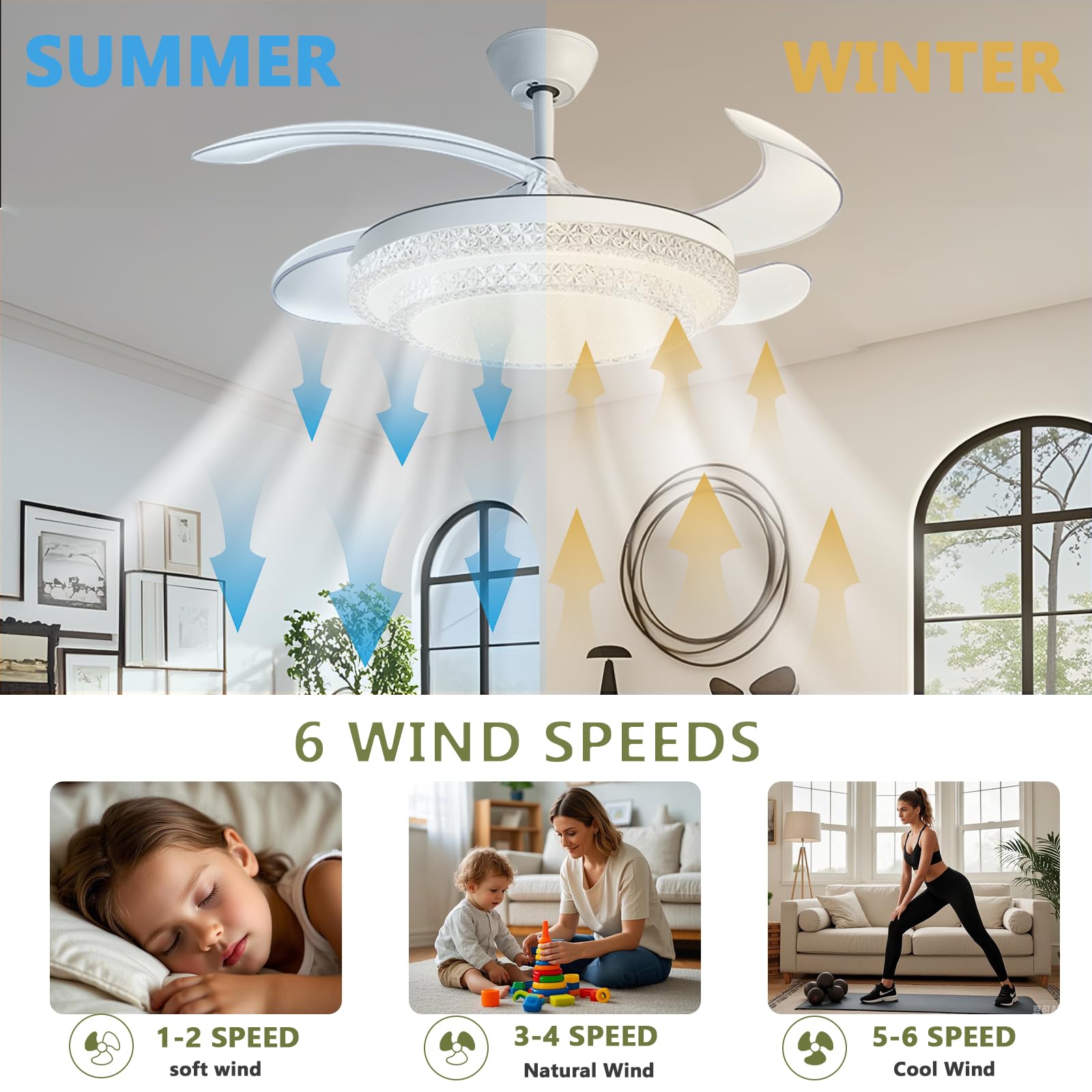 Ventilatore da soffitto con Luce, Telecomando, LED dimmerabile, 6 velocità, Moderno, Intelligente, Silenzioso, Adatto per Camera da Letto, Soggiorno, Sala da Pranzo.