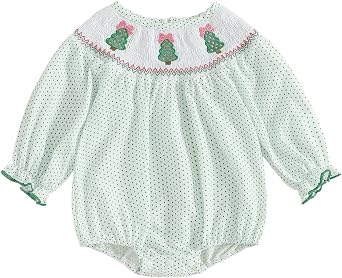 Sasaerucure Baby Girl Christmas Tree Romper Green Smocked Bubble
